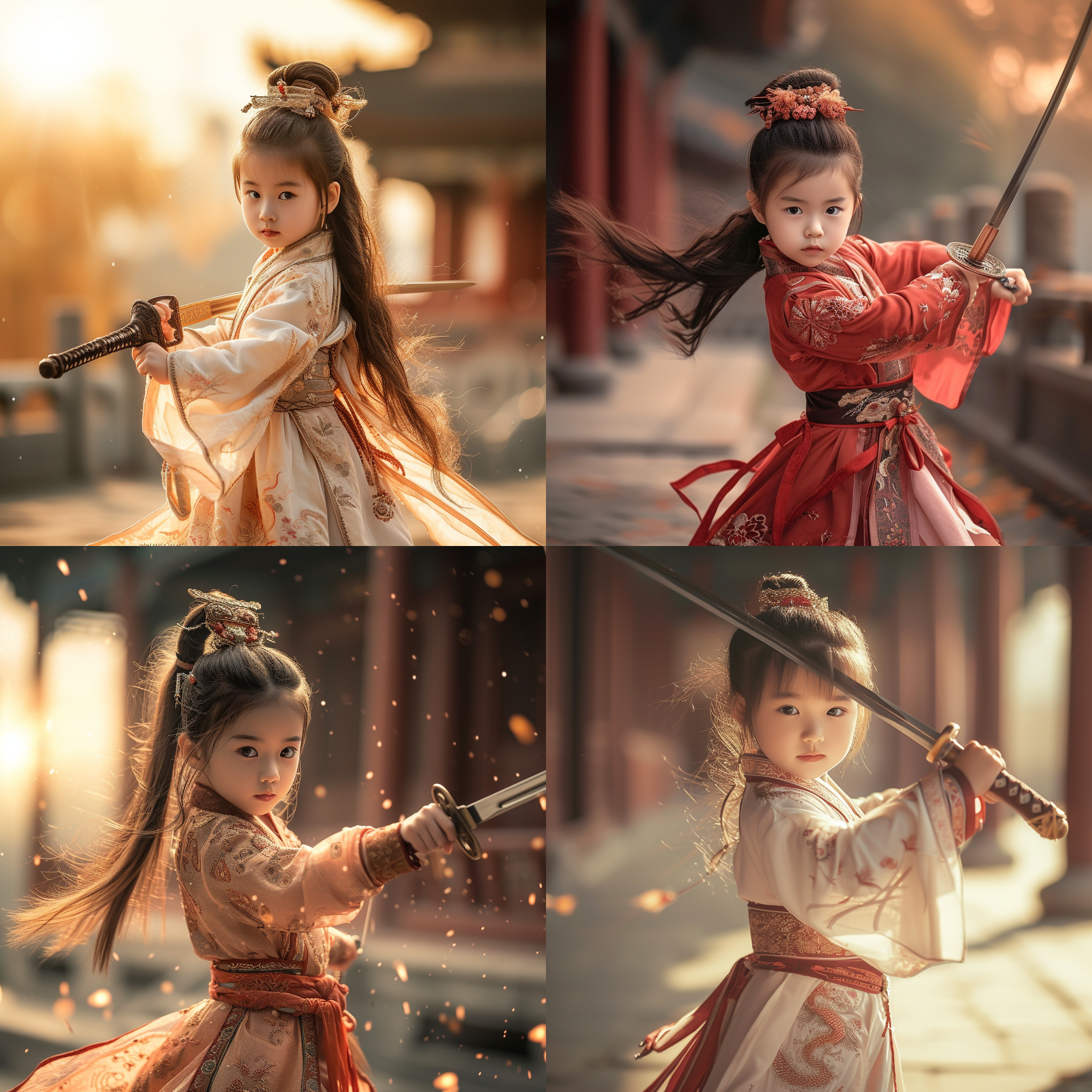 中国古风漂亮小女孩，身穿汉服，手执宝剑，头发迎风而动，小女孩坚毅的看着前方，气势恢宏，暖色调衬托出中国传统风格，宏伟的宫殿环境增强了场景的气势，k画质展现了精细纹理，整体营造出一种古代武侠的氛围。电影质感，穿越，古风，写实，远景构图，暖色调，广角镜头，大师摄影，小女孩自信微笑，壮丽壮观，激励人心。丁达尔效应 全局光 平面摄影 极简主义 武侠 古剑 摄影纪实 低角度，从影片中拍摄，动感拍摄，超近距离观察。