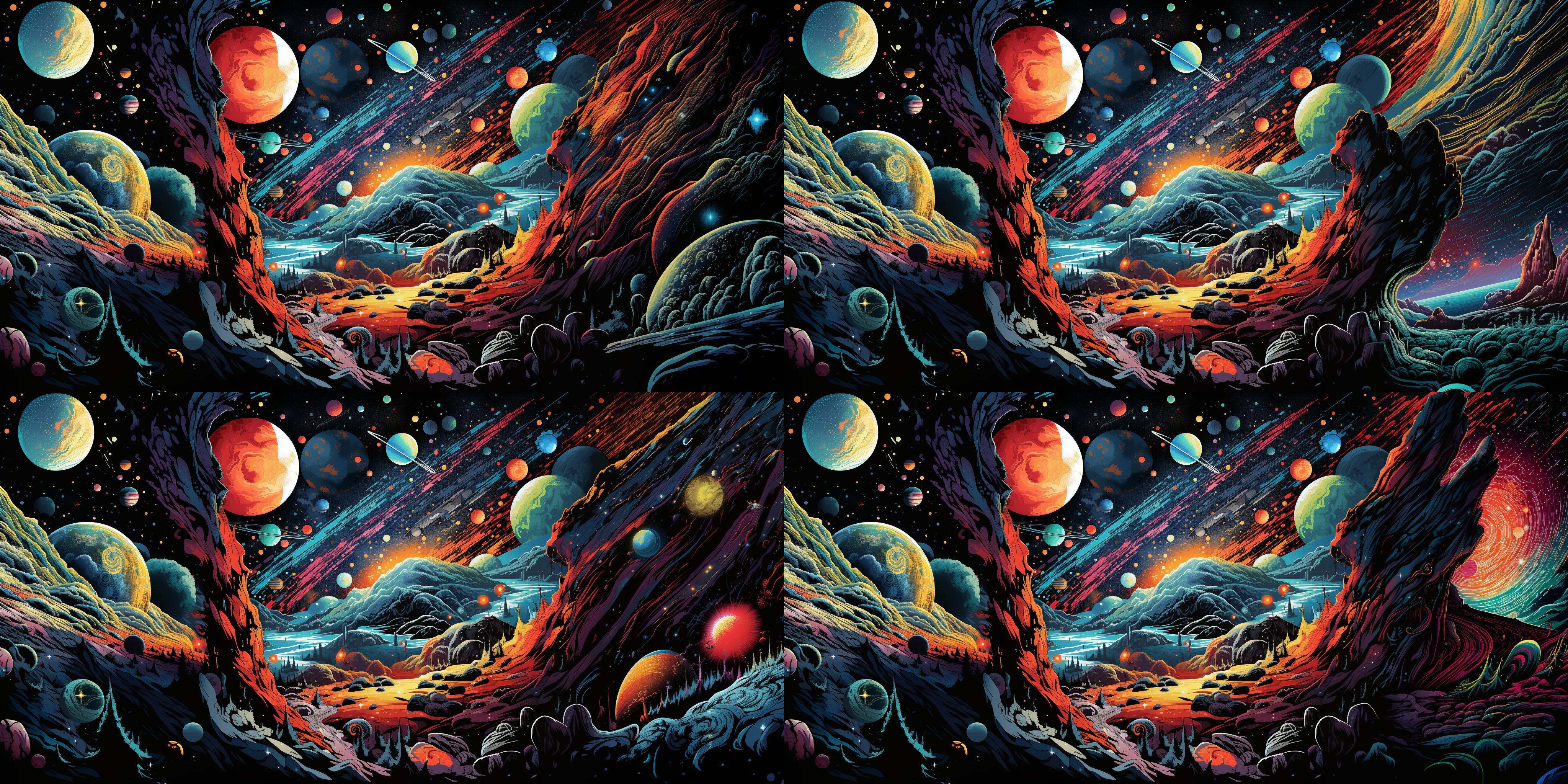 平面卡通，宇宙背景下的地球、月球、火星、彗星和小行星构成了这张照片。星云弥漫在画面中，创造出太空的神秘氛围。色彩鲜艳，细节丰富，透视感强烈。