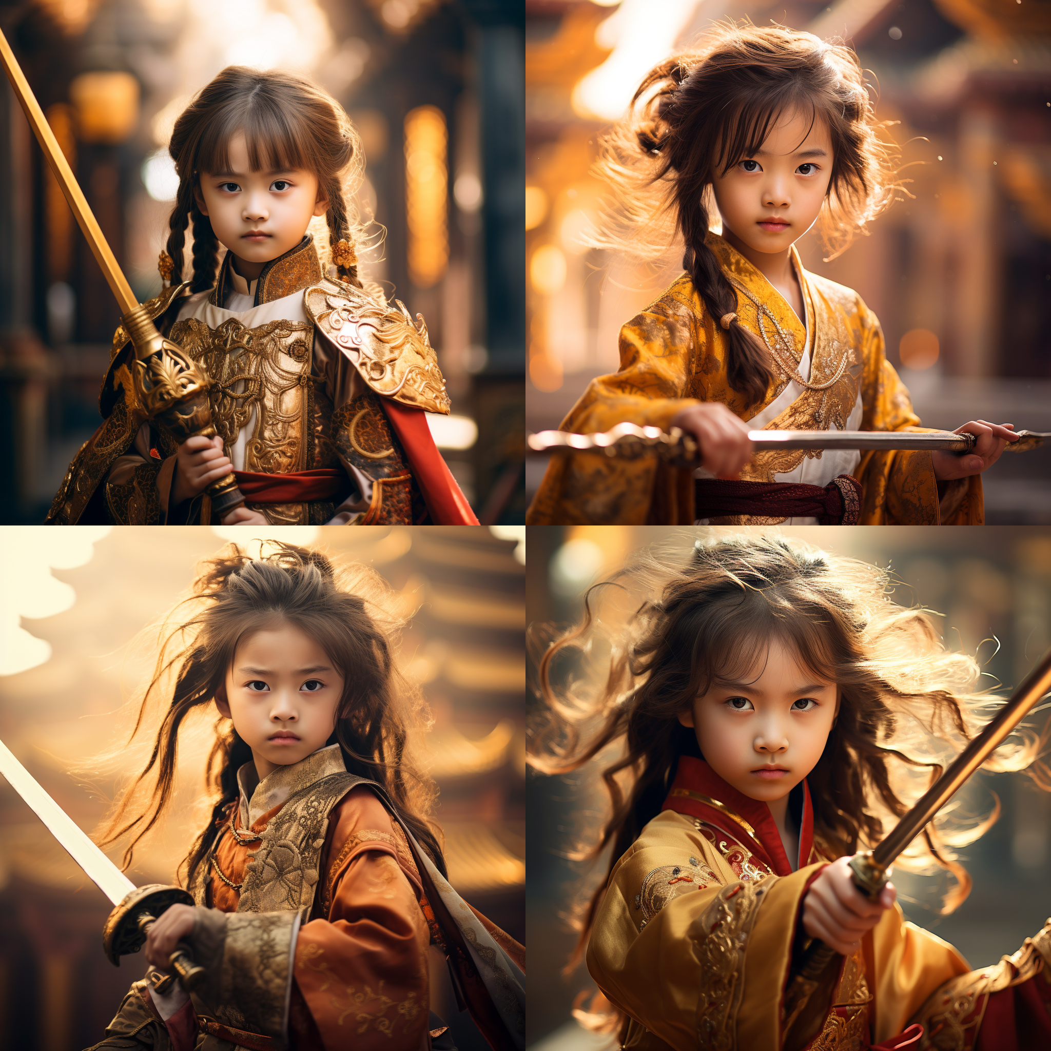 中国古风漂亮小女孩，身穿黄金盔甲，手执宝剑，头发迎风而动，小女孩坚毅的看着前方，气势恢宏，暖色调衬托出中国传统风格，宏伟的宫殿环境增强了场景的气势，k画质展现了精细纹理，整体营造出一种古代武侠的氛围。电影质感，远景构图，暖色调，广角镜头，大师摄影，小女孩自信微笑，壮丽壮观，激励人心。丁达尔效应 全局光 平面摄影 极简主义 武侠 古剑 摄影纪实 低角度，从影片中拍摄，动感拍摄，超近距离观察。