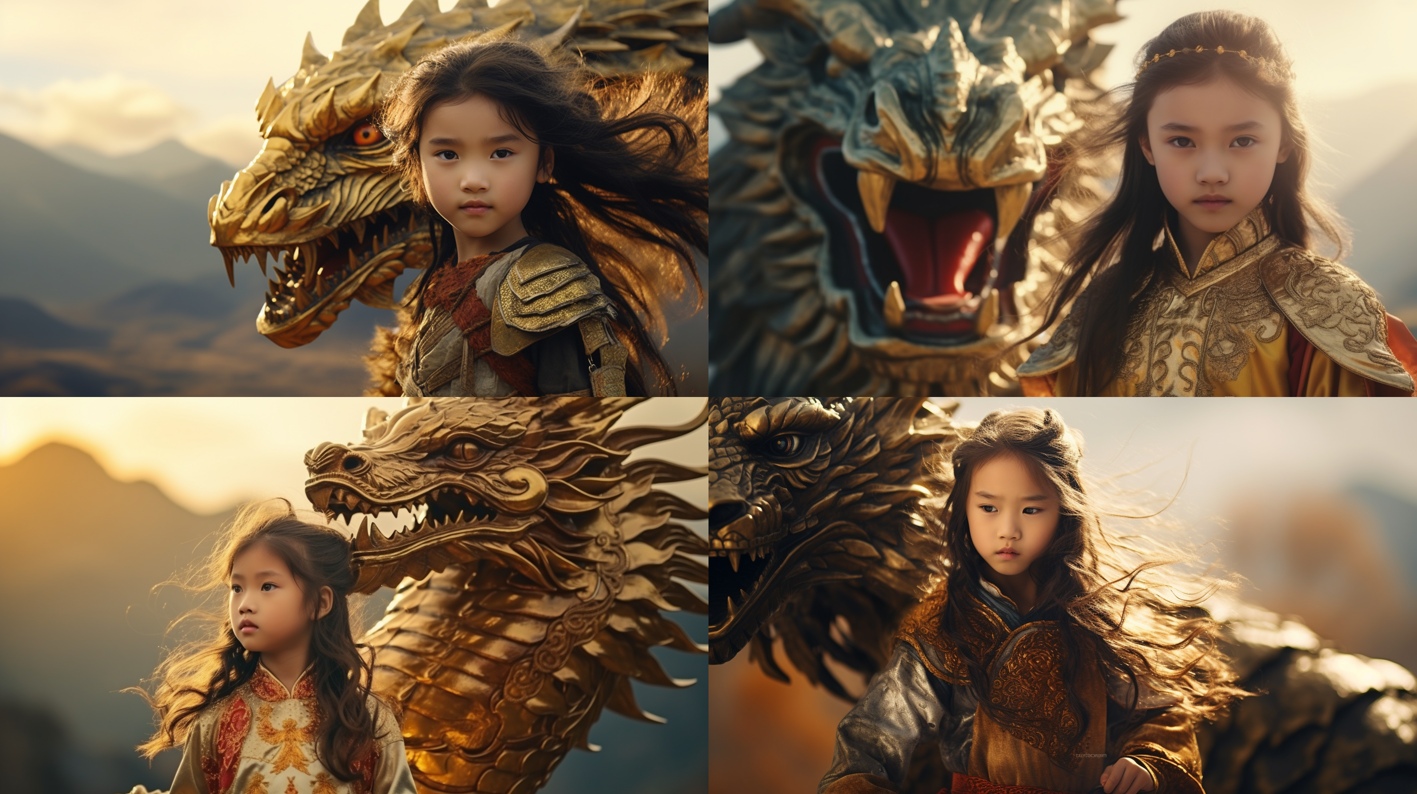 中国古风漂亮小女孩，身穿黄金盔甲，手执宝剑，站在金色巨龙头上，头发迎风而动，小女孩坚毅的看着前方，高山环绕。电影质感，威严霸气的中国龙，远景构图，暖色调，广角镜头，侧光照射，小女孩握住龙角，自信微笑，壮丽壮观，激励人心。 丁达尔效应 全局光 平面摄影 极简主义 武侠 古剑 摄影纪实 低角度