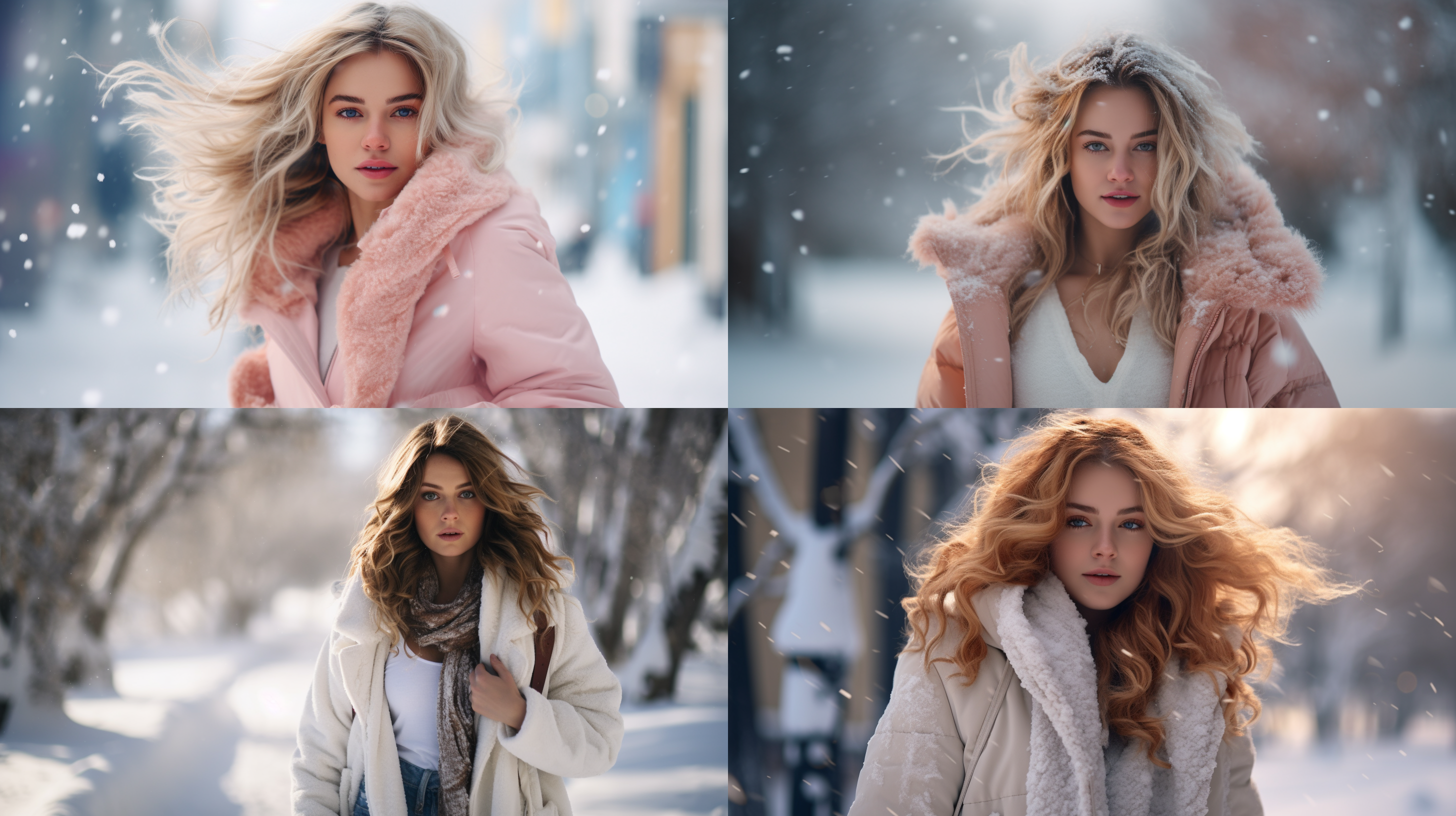 白衣女子，canon r7，雪天，雪地漫步，对焦模糊，广角镜头，高品质，16:9比例，750风格化，自然环境，柔和光线，优美动作，清新色彩，宁静情感。