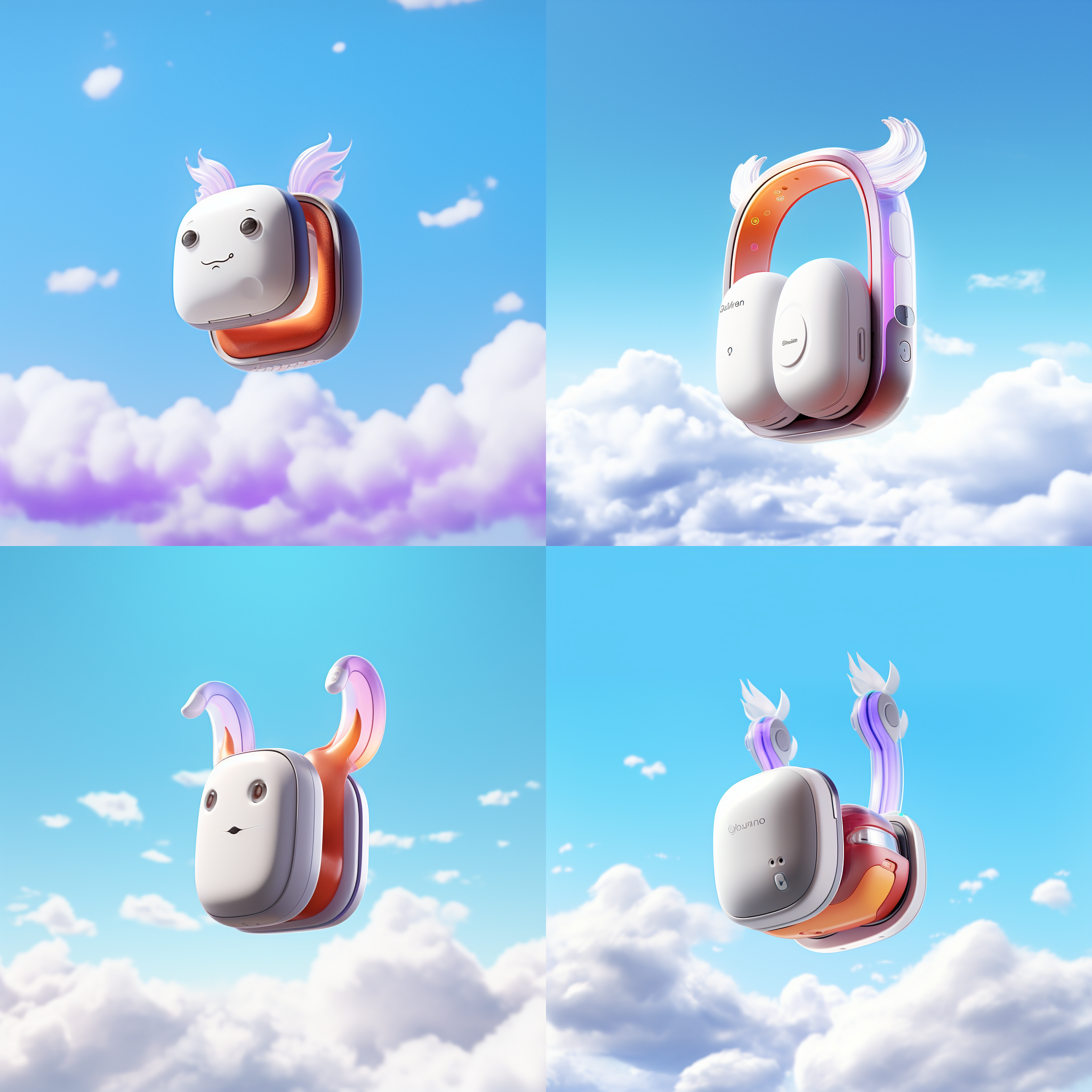 耳机在蓝天白云下展示，构图简洁大方，背景清新明亮。展现出独特的轻盈感。细节精致，色彩鲜艳，凸显出现代科技感。蓝天白云为画面增添了宽广的空间感，给人带来轻松愉悦的心情。耳机与背景形成鲜明对比，突出产品的视觉吸引力。产品广告图，简约风格，明亮背景，轻盈感，细节精致，鲜艳色彩，科技感，宽广空间感。