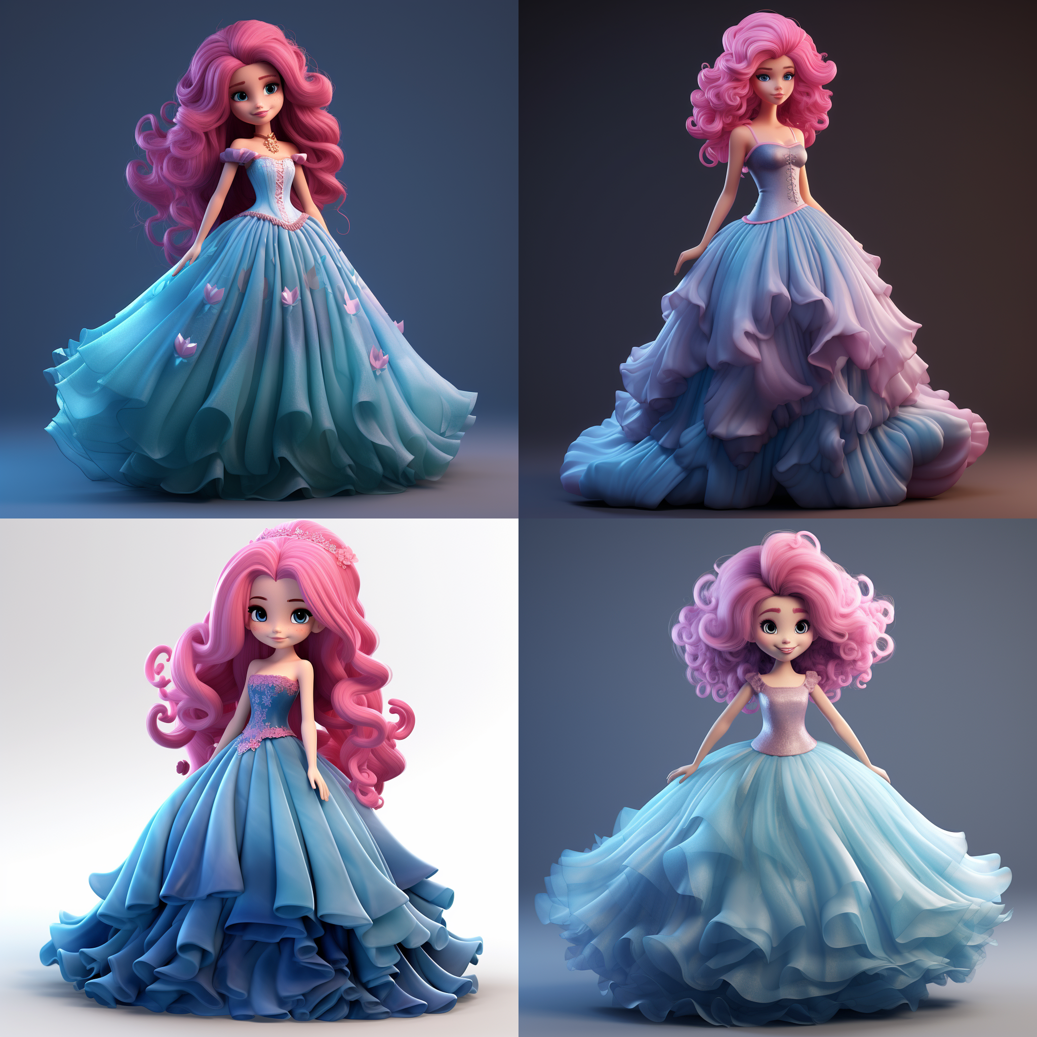 一个头发是深粉色的公主，3d卡通小人，全身形象，穿着长长的蓝色蓬蓬裙子