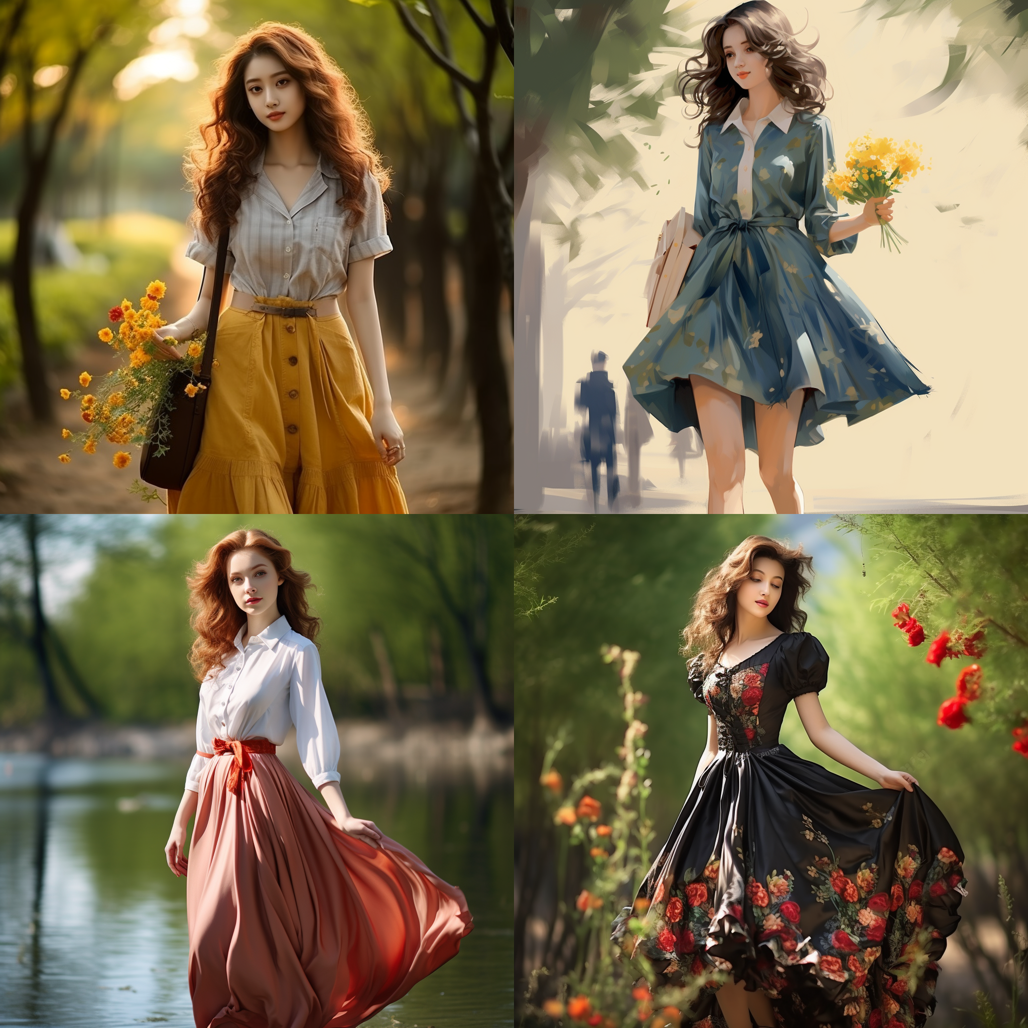 正面全身美女身材好，仰拍视角，自然光线，室外环境，柔和色调，长焦镜头，优雅动作，自信表情，流线型服装，健康活力，自然气息，迷人。