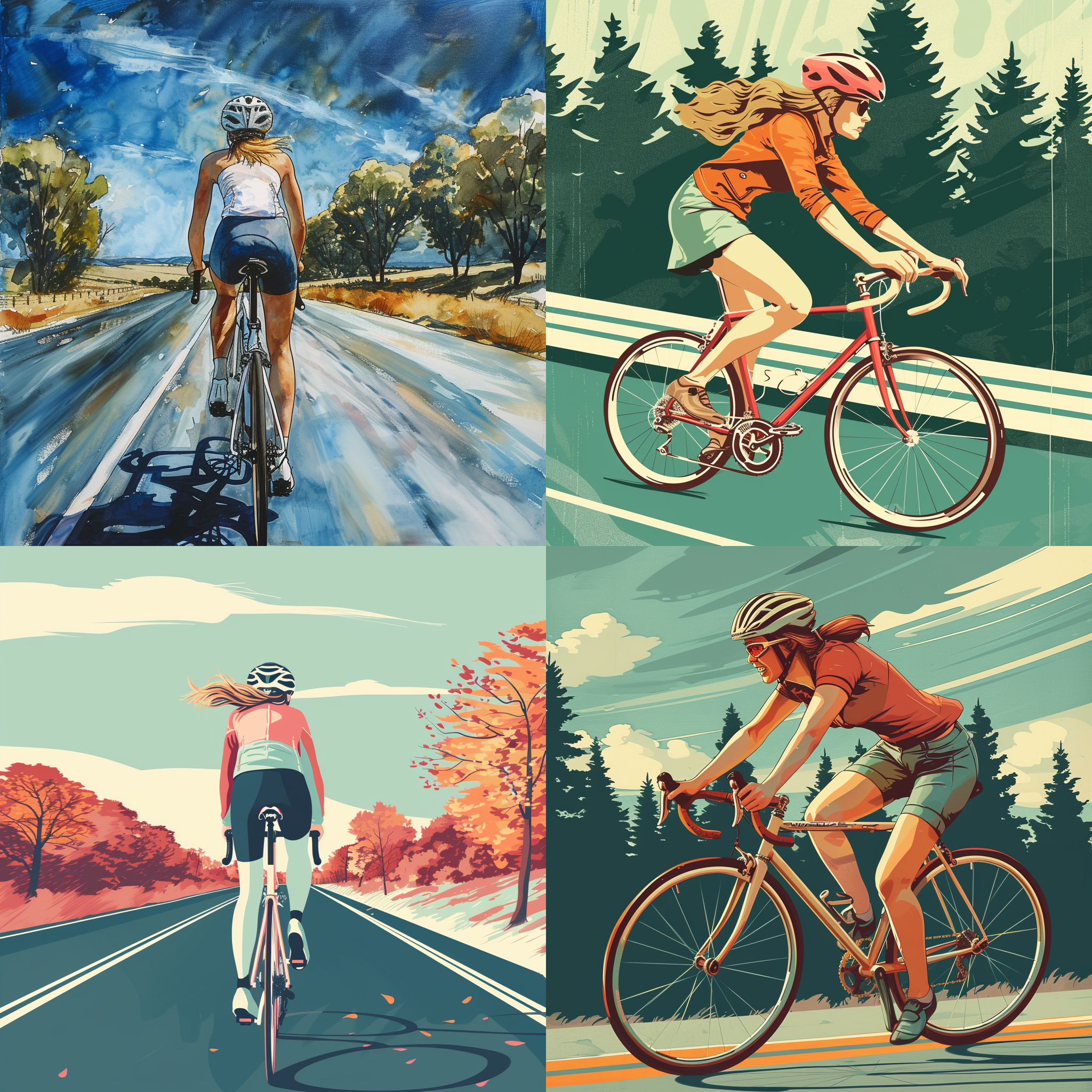 身穿骑行服的公路女孩,佩戴骑行头盔,有一辆很帅气的公路车,驰骋在高速公路上,高速两排树木丛生,