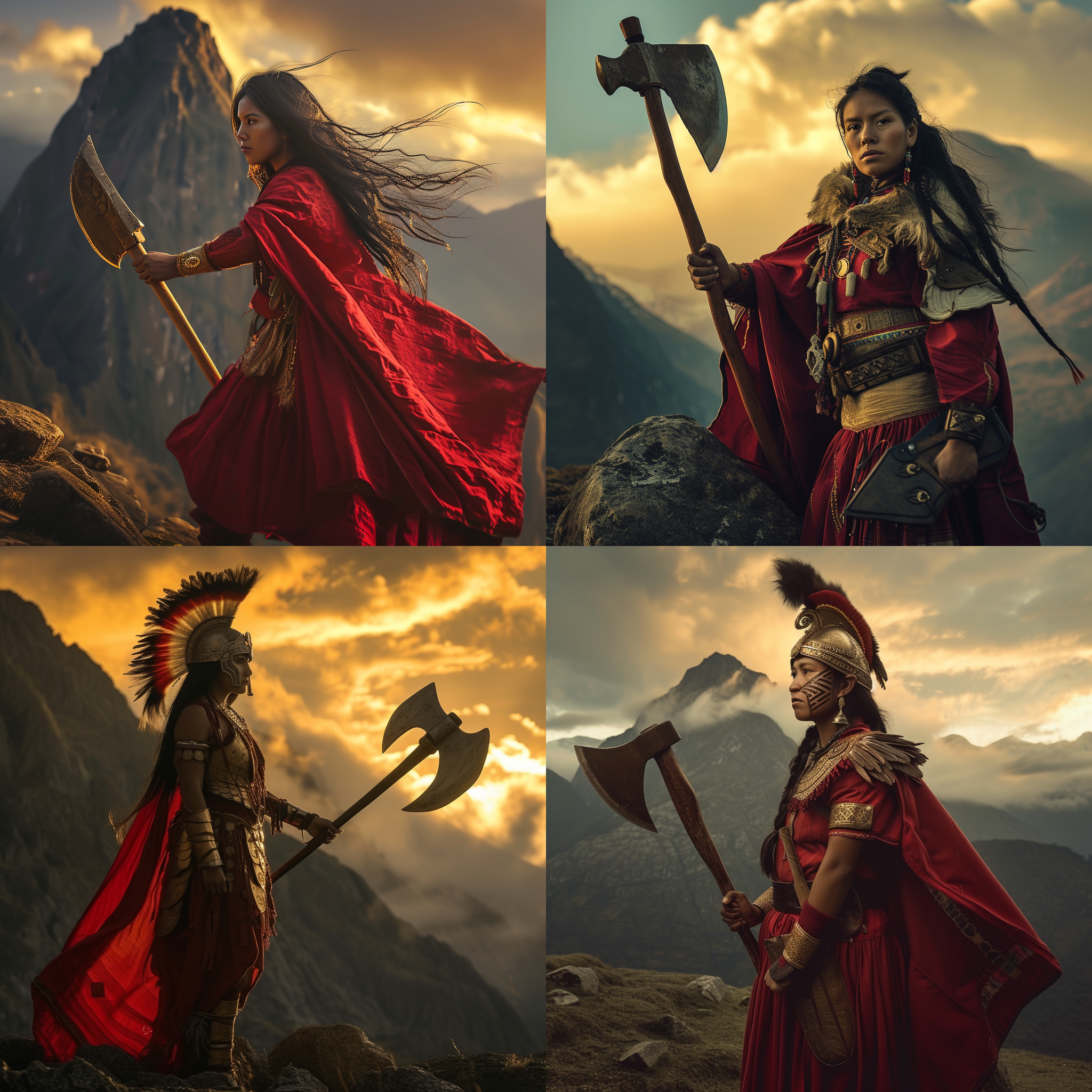 印加女战士，高山背景，黄昏时分，长焦镜头，动作决绝，神情坚毅，金色光线，红色斗篷，战斧，壮丽。