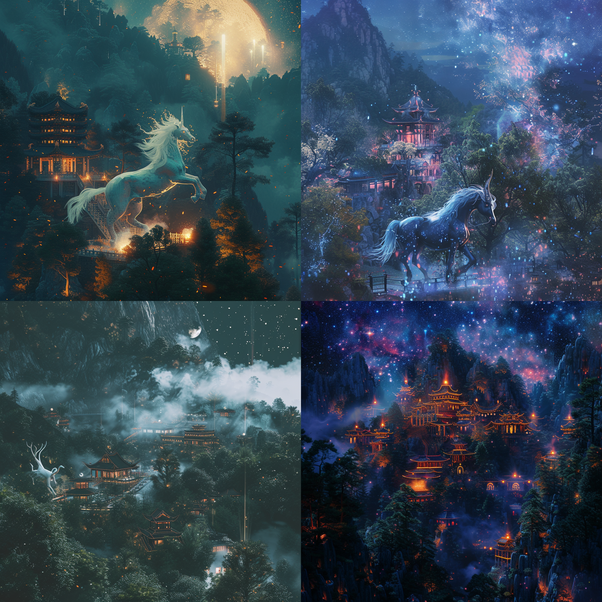 麒麟，中央构图，山林背景，细节丰富，明亮色彩，柔和光线，长焦镜头，优雅动作，神秘氛围。 三维 暗黑复古 鬼屋森林 全身 航拍视角 亮黑 皮毛 光粒子 氛围感照明 镜头光晕 环境光 黄昏 反射光 星空 夜光 中式赛博