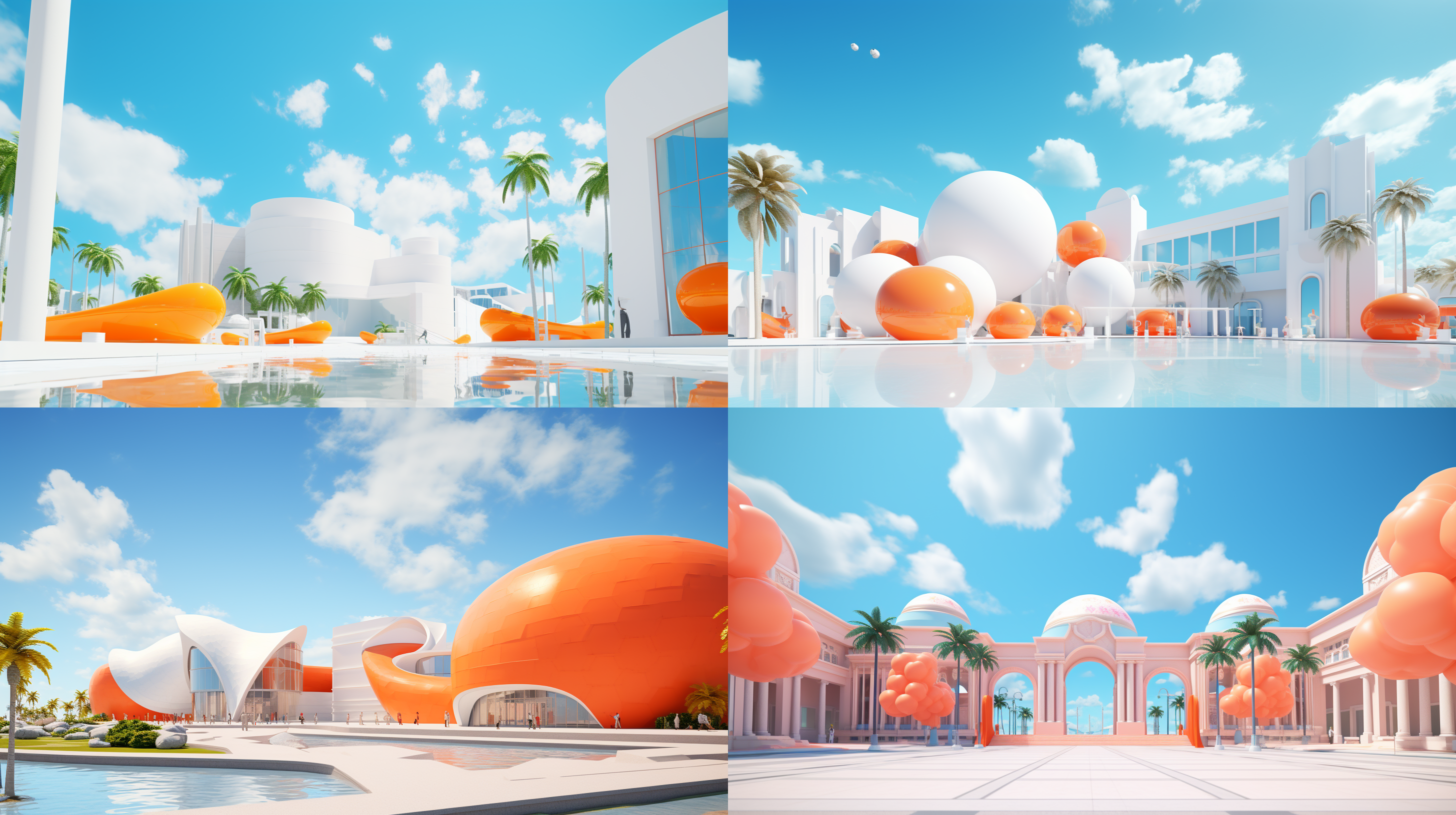 一座宏达的博物馆，橙色，海边，蓝天白云背景，椰树。透视，高端自然配色，泡泡商城风格，明亮和谐，可爱多彩，光线追踪，设计简洁，ip盲盒形象，海派，有机雕塑，c4d风格，卡通写实，图书插图风格，4k展示