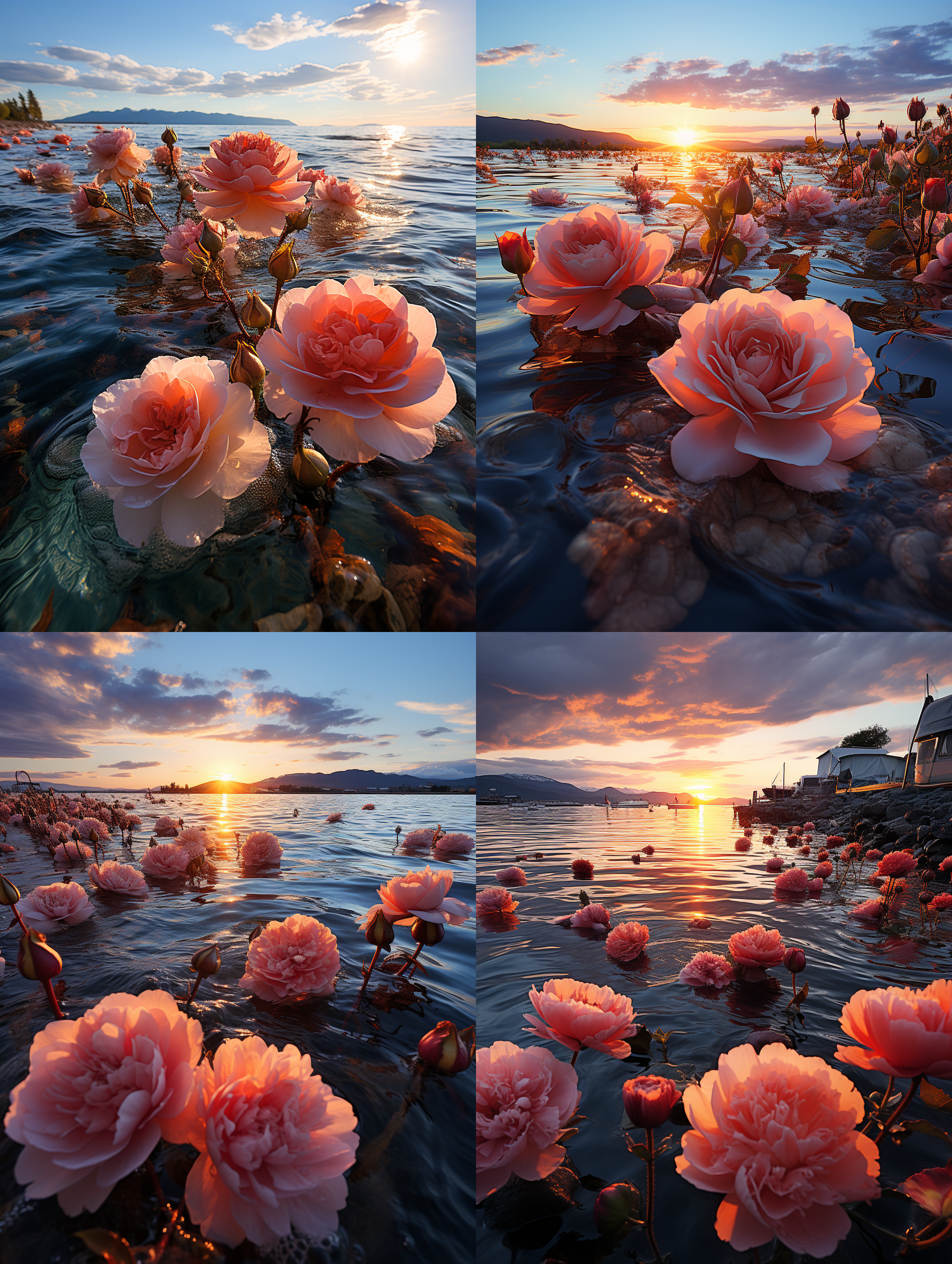 冰岛玫瑰花海，夕阳下的壮丽景色。8k分辨率，3:4 构图，广角镜头，大面积花海和山脉交相辉映，鲜艳颜色。温暖光线，浪漫宁静氛围。