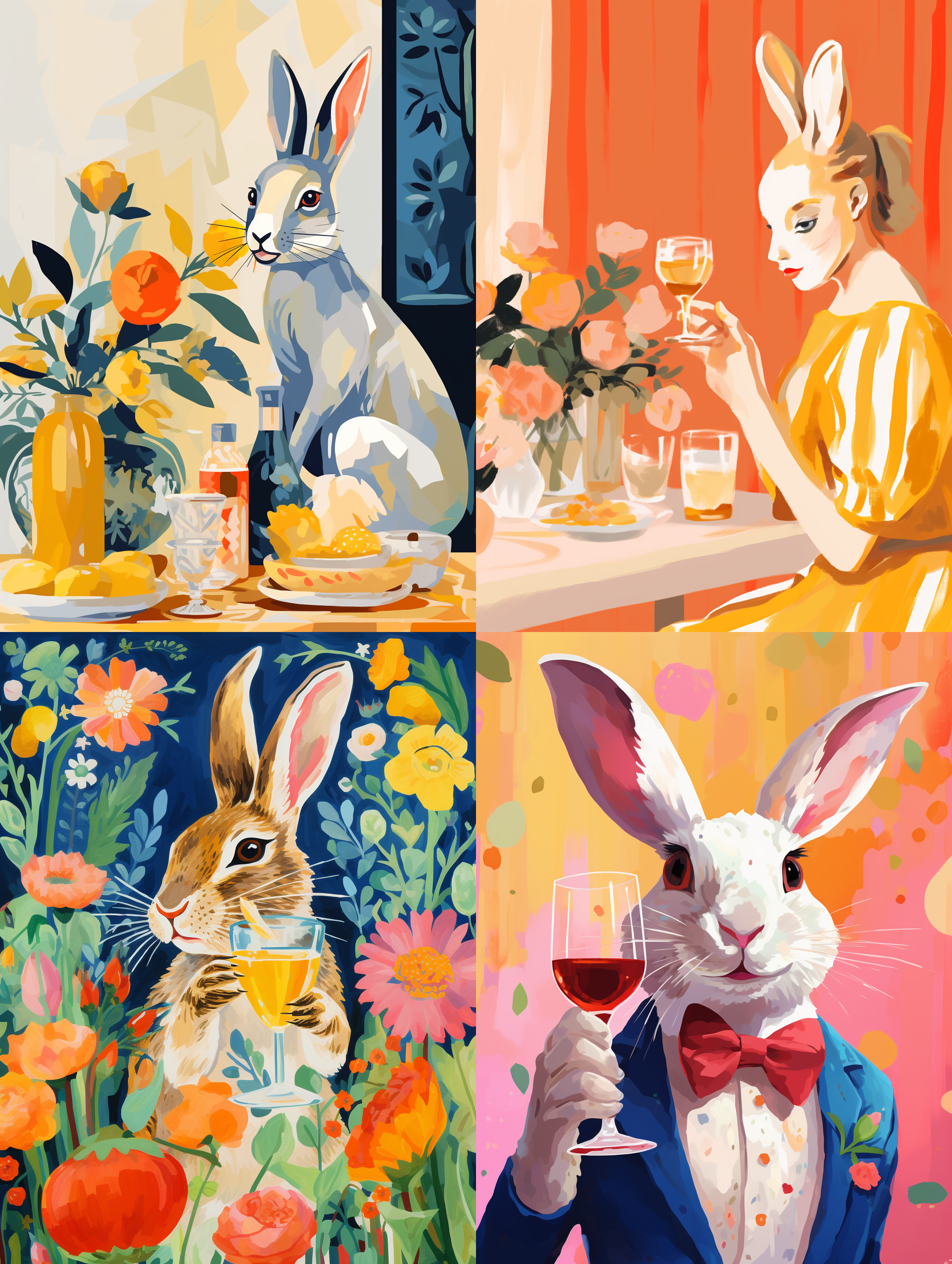 兔子喝酒，扁平插画风格，明亮色调，室内环境，细节丰富，温馨氛围，柔和光线，静态构图，细腻笔触，欢乐，放松，友谊。