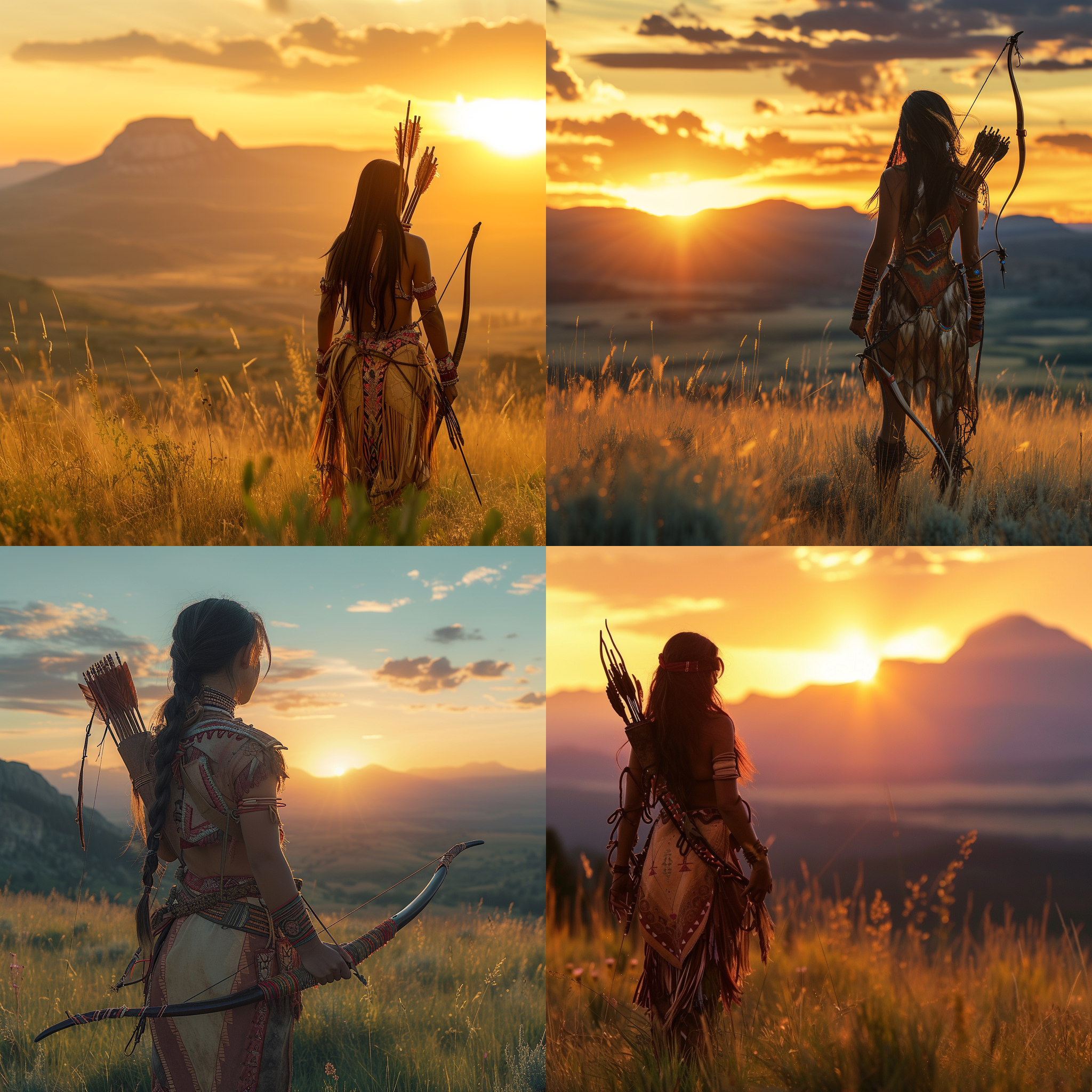 印地安部落女战士，独自站在夕阳下，面对广袤的草原。她身穿传统服饰，手持弓箭，目光坚定而凝重。镜头拉近，突出她坚毅的面容和坚韧的眼神。背景呈现出壮丽的山脉和绚丽的日落色彩。激情、自由、勇气、自然、传统、力量、骄傲、荣耀、神秘、迷人、野性。