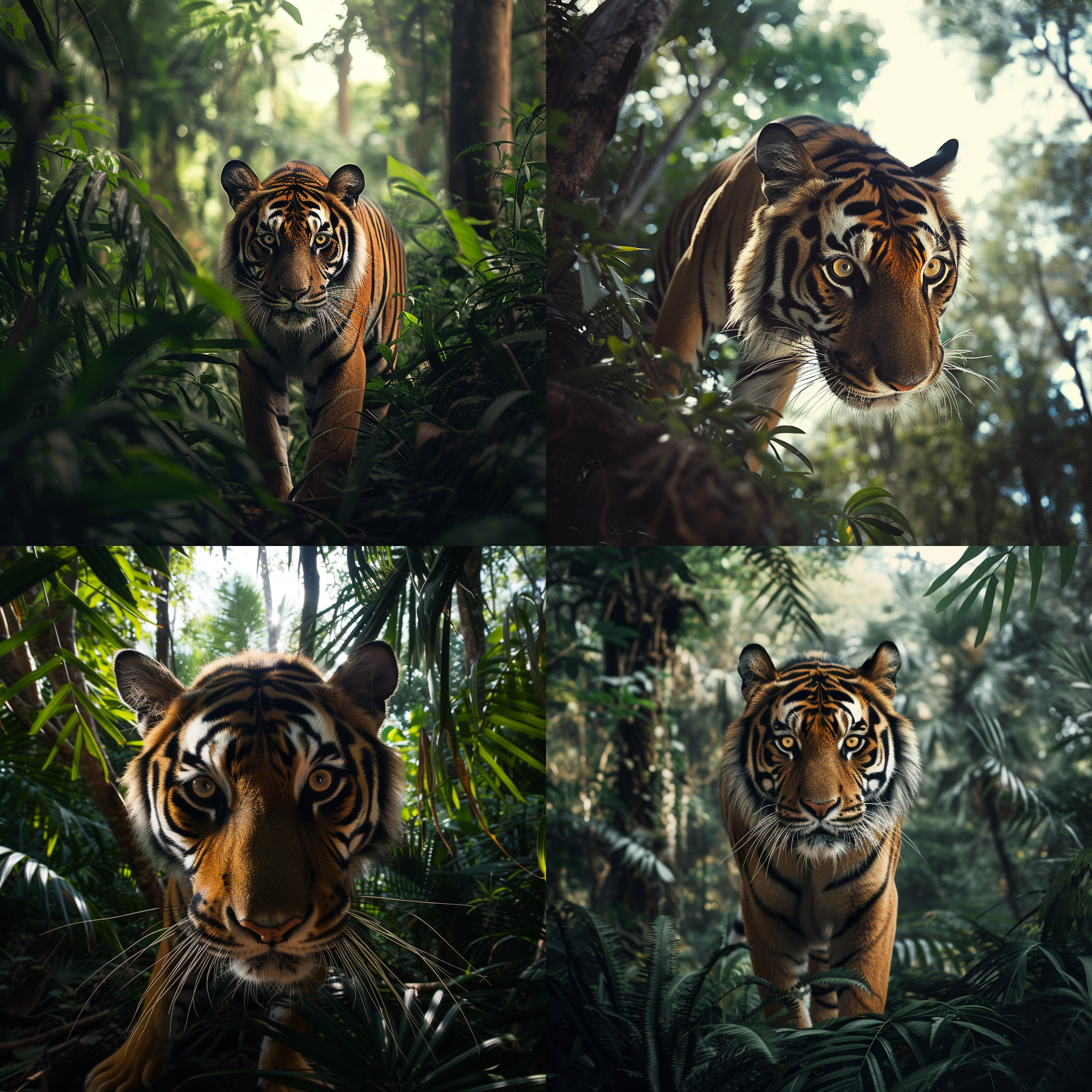 老虎在丛林中，站在高处俯视，背景是茂密的树木。高饱和度，广角镜头，逆光，纹理丰富，威武凶猛，自信。 