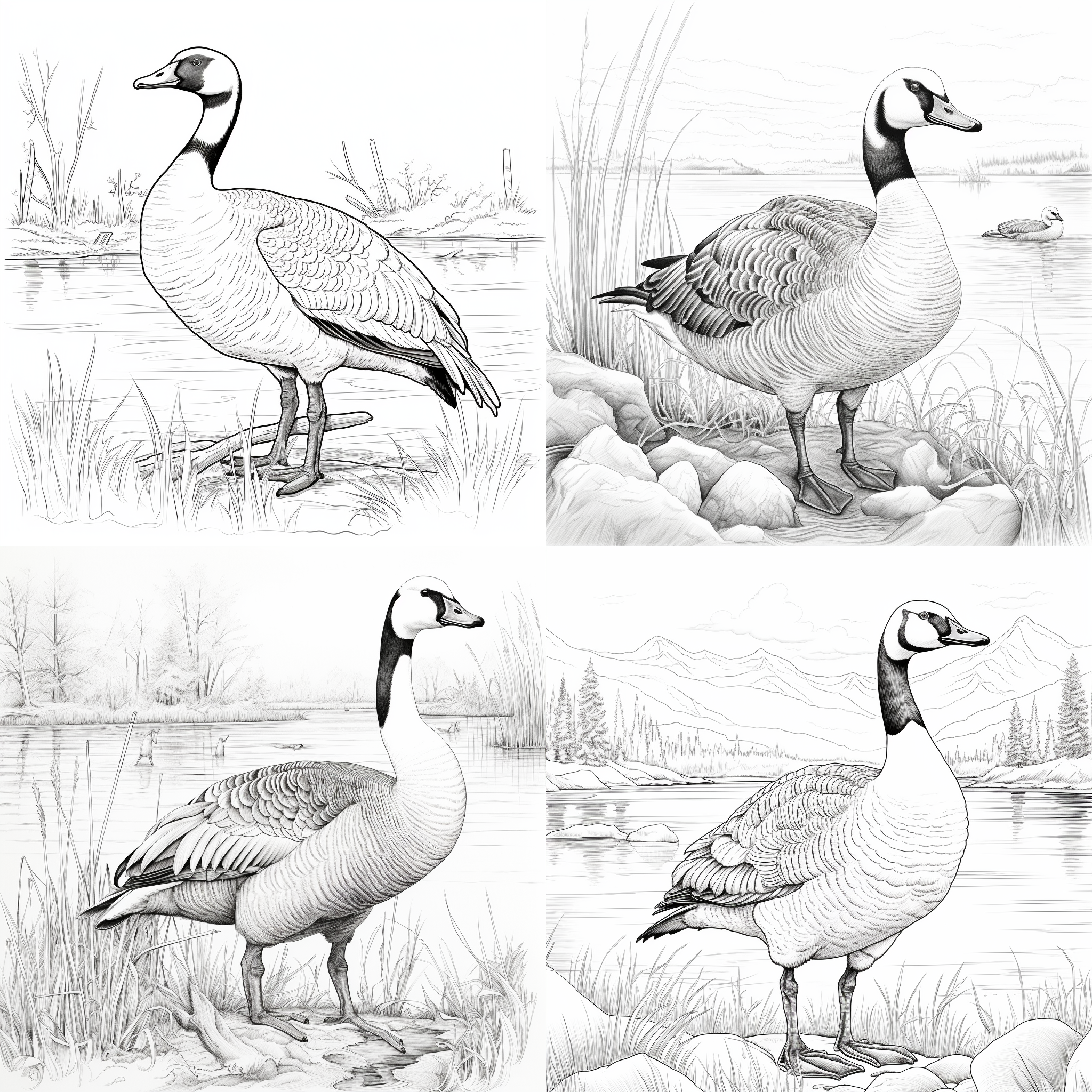 clean coloring book page of a canada goose, black and white