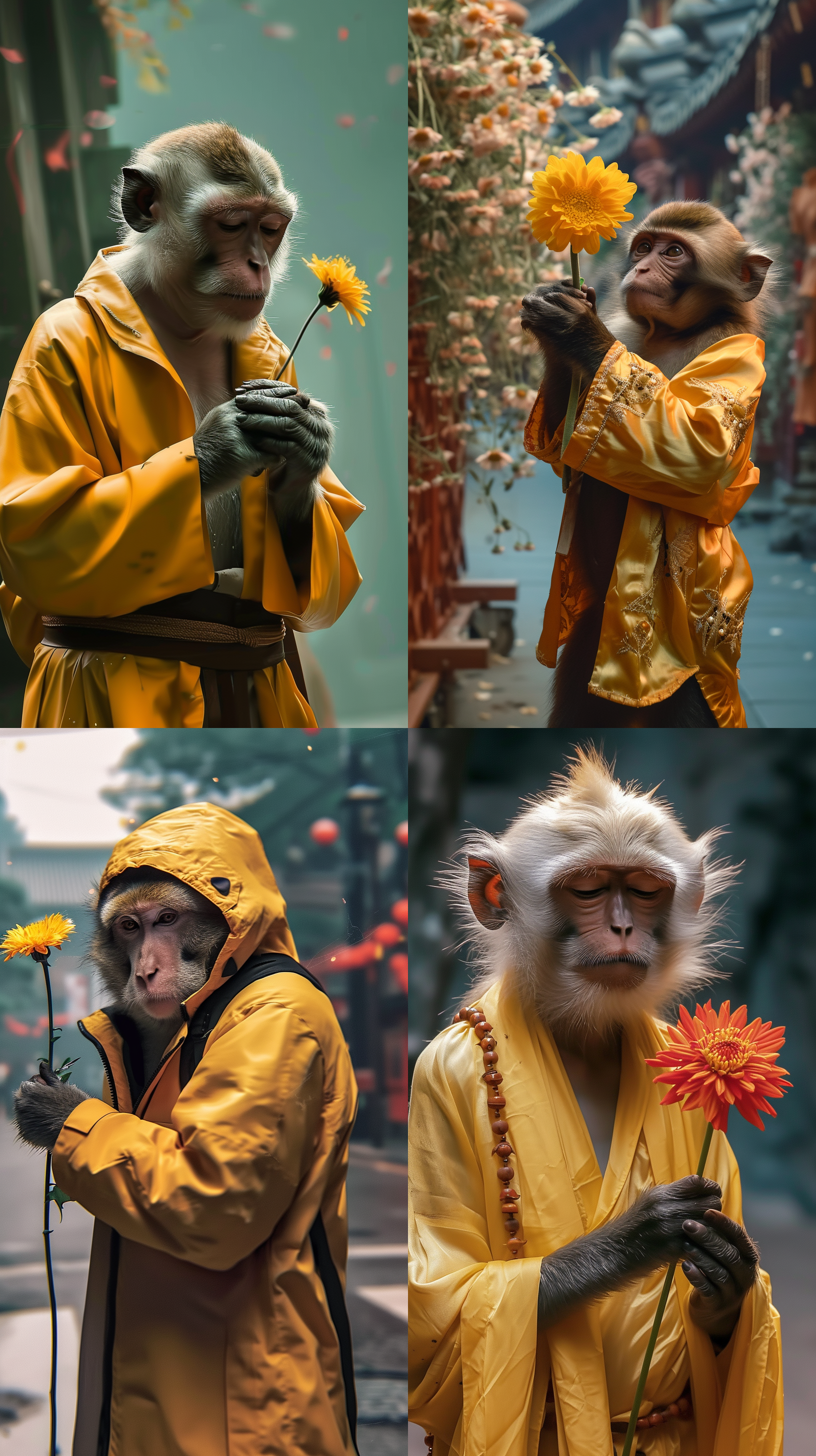 猴子手里拿着一朵花，背上和胸前都穿着一件黄色夹克，花开，一幅画，alex petruk ape，审美主义。猴子的动作柔和而优雅，背景以淡雅的色调衬托出猴子和花朵的明亮色彩，呈现出一幅富有艺术感的画面。