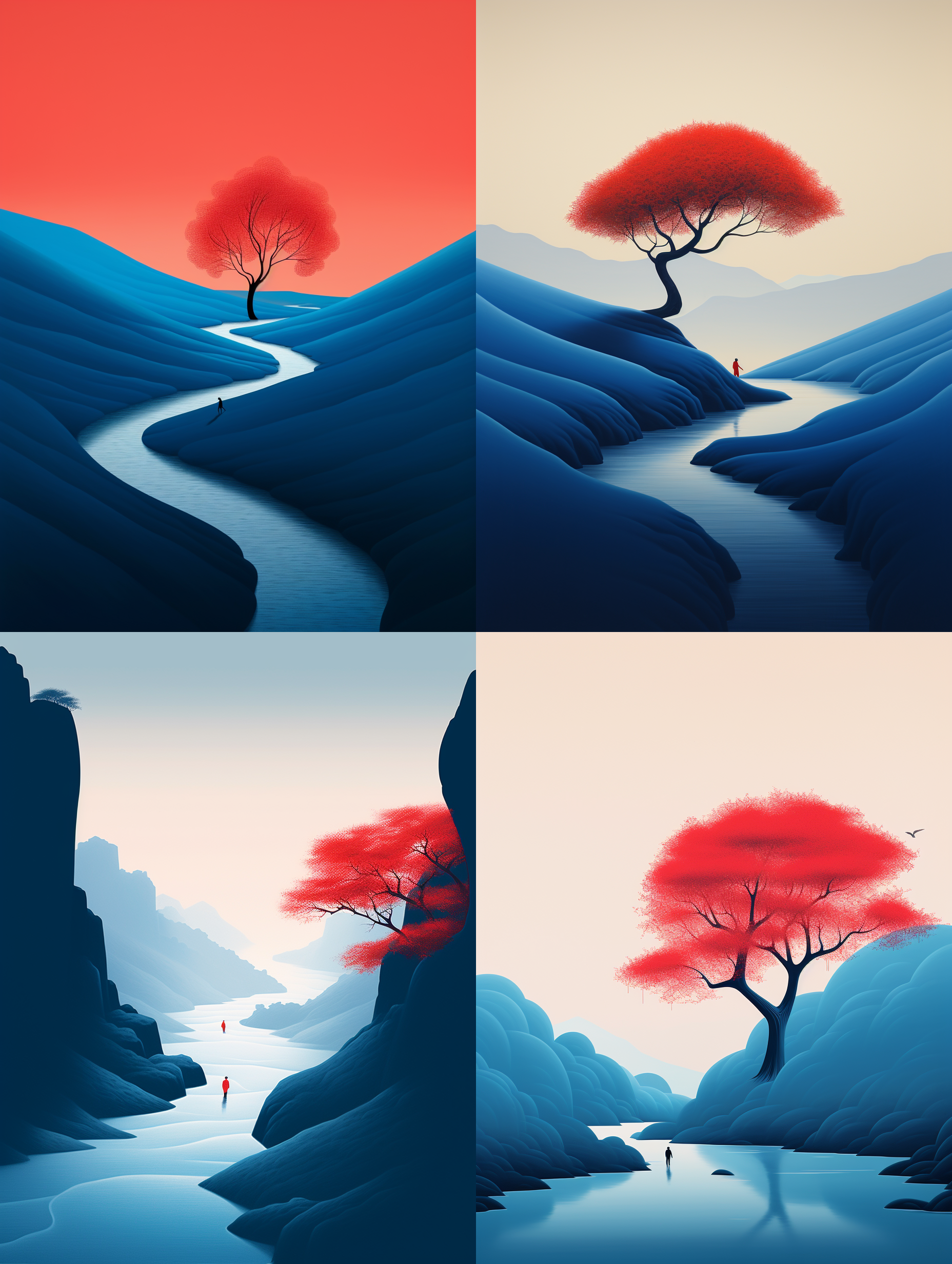 人行走在中国山川之间，简约构图，禅意，东方美学，风景插画，树，克莱因蓝和红，长焦，eiko ojala，晨光，静态，宁静。