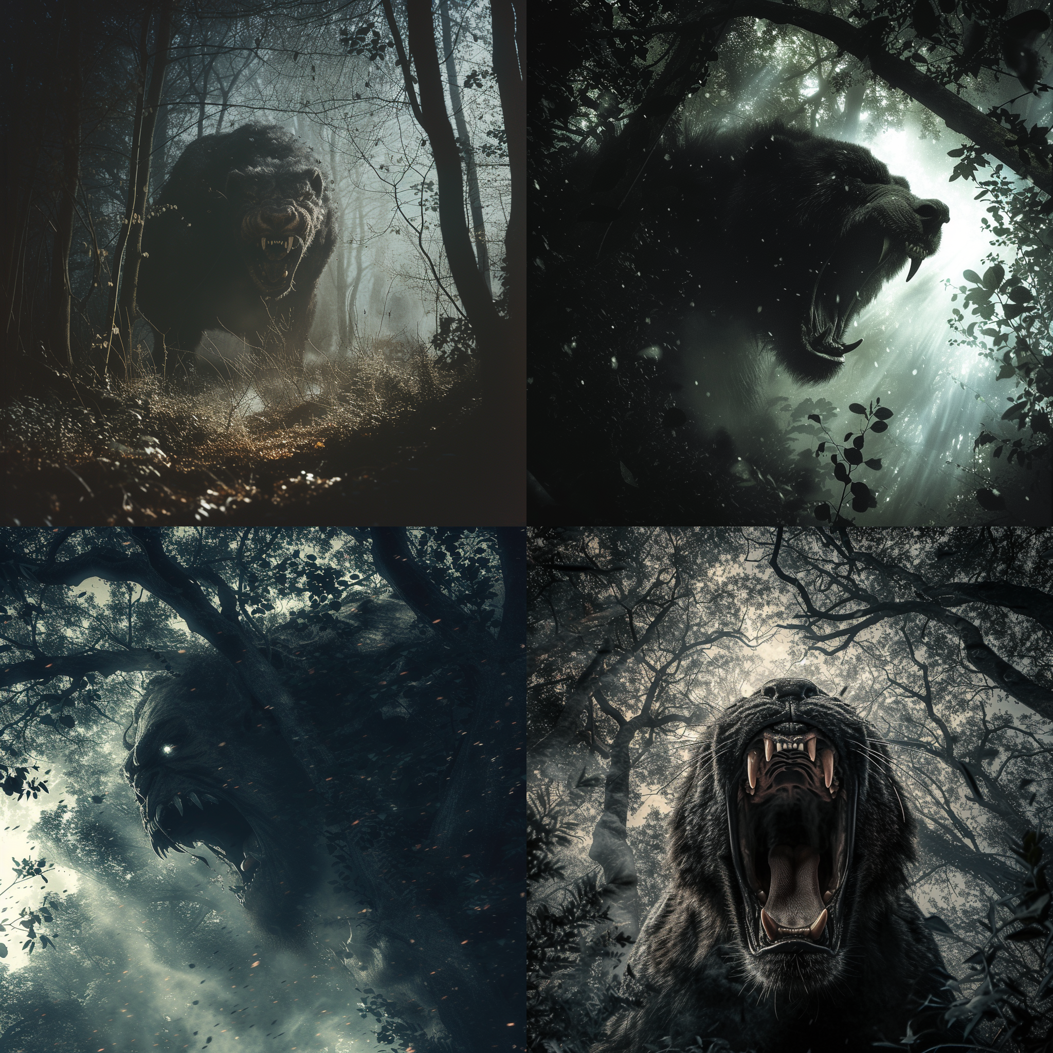 饕餮，充满力量的图像。一只巨大的饕餮在黑暗森林中咆哮，背景是浓密的树木和蒙蒙雾气。构图对称，使用鱼眼镜头，强调饕餮的威严。光线透过树叶洒下，形成神秘的光斑。色调偏向冷色调，增加紧张感。动作凶猛，眼神凶恶，表达着野性与威严。