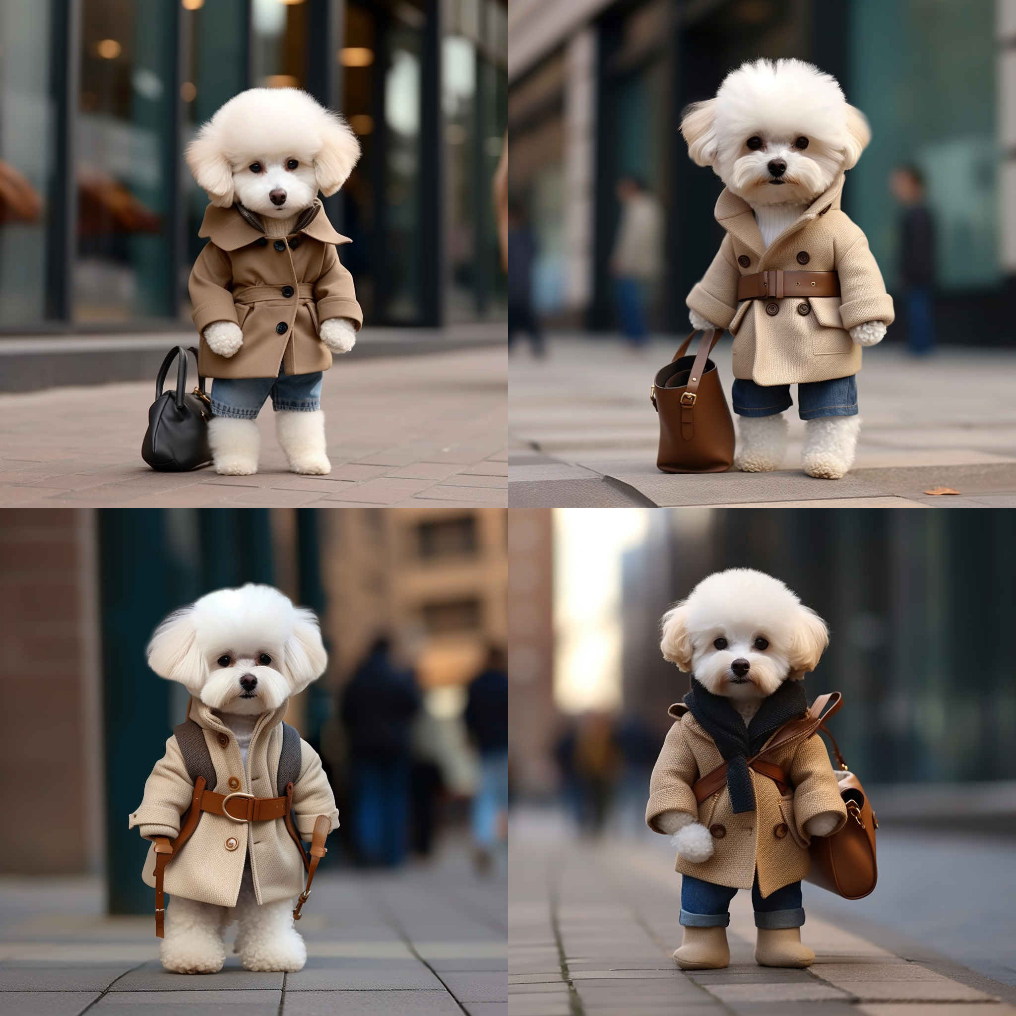 小狗模特穿着长大衣，背着双肩包，靠在户外的墙上，前景是小狗模特的侧写，背景是衣服店，使用长焦镜头拍摄，强调小狗的衣服和背包，突显衣服的材质。模特的姿态放松自然，眼神温柔，背景设计简洁干净，色彩明亮鲜艳，照片整体氛围温暖活泼，展现出时尚与可爱的融合。
