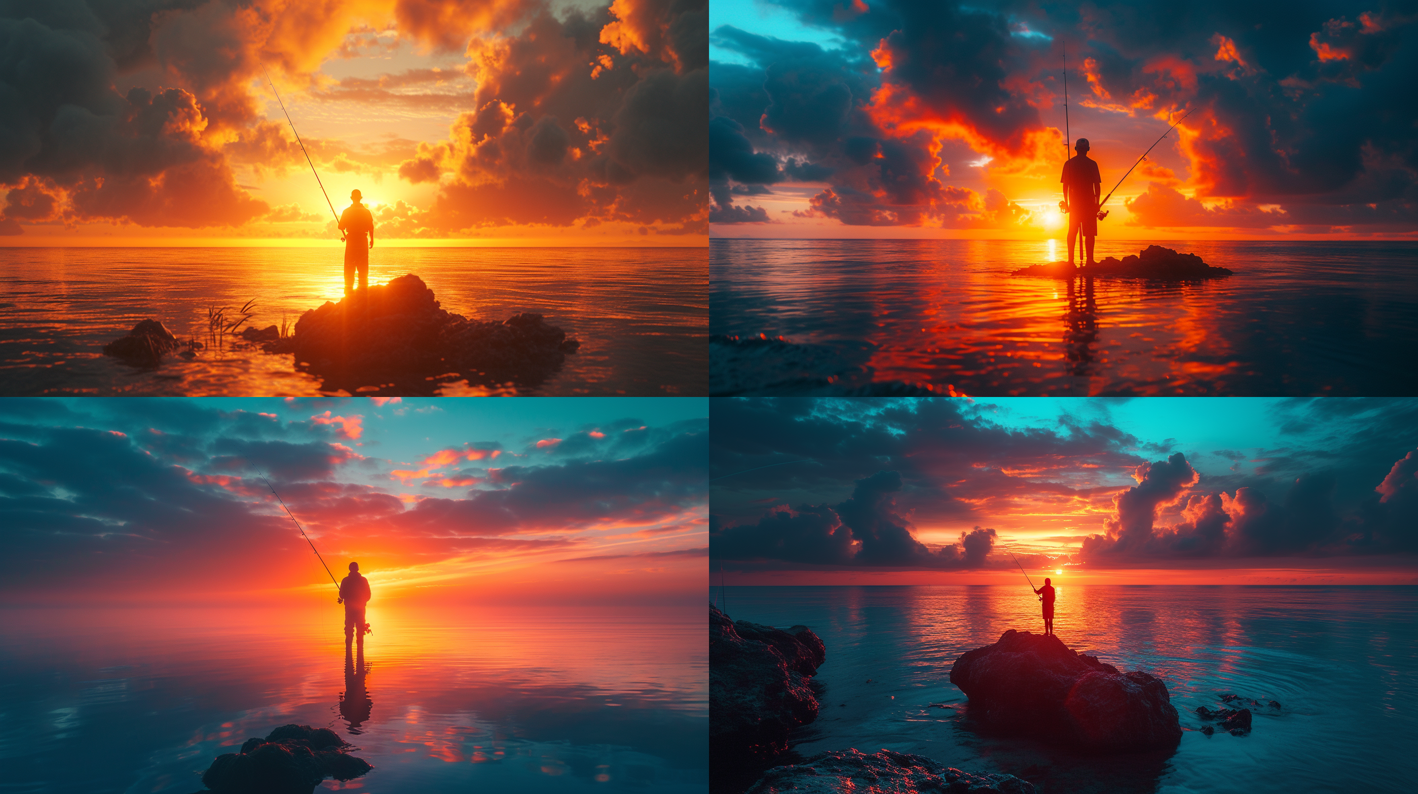 海钓男人拿着鱼竿，站在海岛礁石上，远眺壮丽的日出。构图对称，以人物跟鱼竿为主体，呈现强烈的力量感。使用长焦镜头，捕捉细节和表情。光线柔和，营造神秘氛围。肤色鲜明，色调饱满，展现坚毅与勇敢。