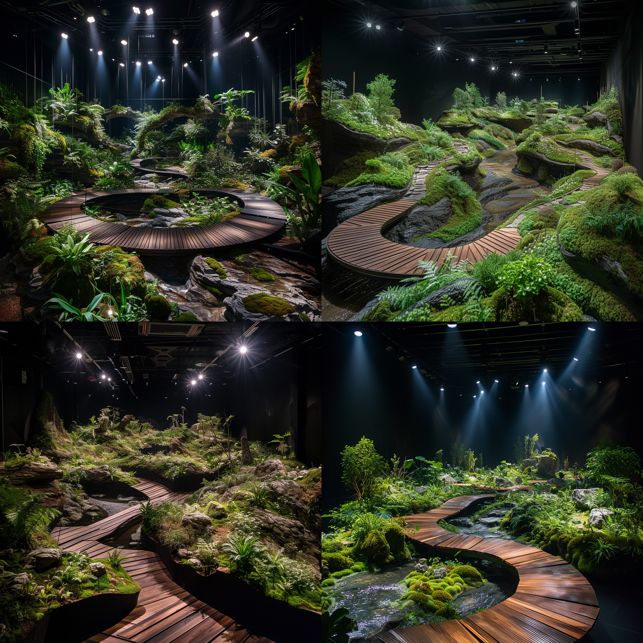 一个室内艺术展场景，深黑色，顶部的射灯照明整个场景，充满神秘感，室内是绿色的植物与连绵起伏的假山场景，假山上有溪流、有苔藓；有一条木栈道弯曲延绵，贯穿整个场景