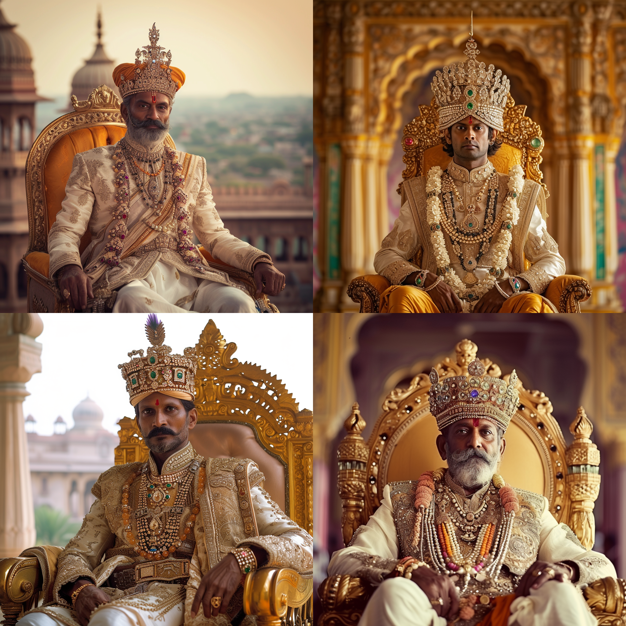 印度国王，华丽装饰，宝石镶嵌的皇冠，坐在金色宝座上，背景是宫殿壮丽景色，使用长焦镜头拍摄，柔和侧光，暖色调，肃穆庄重，神圣尊贵，奢华豪迈，颜色丰富，令人敬畏。