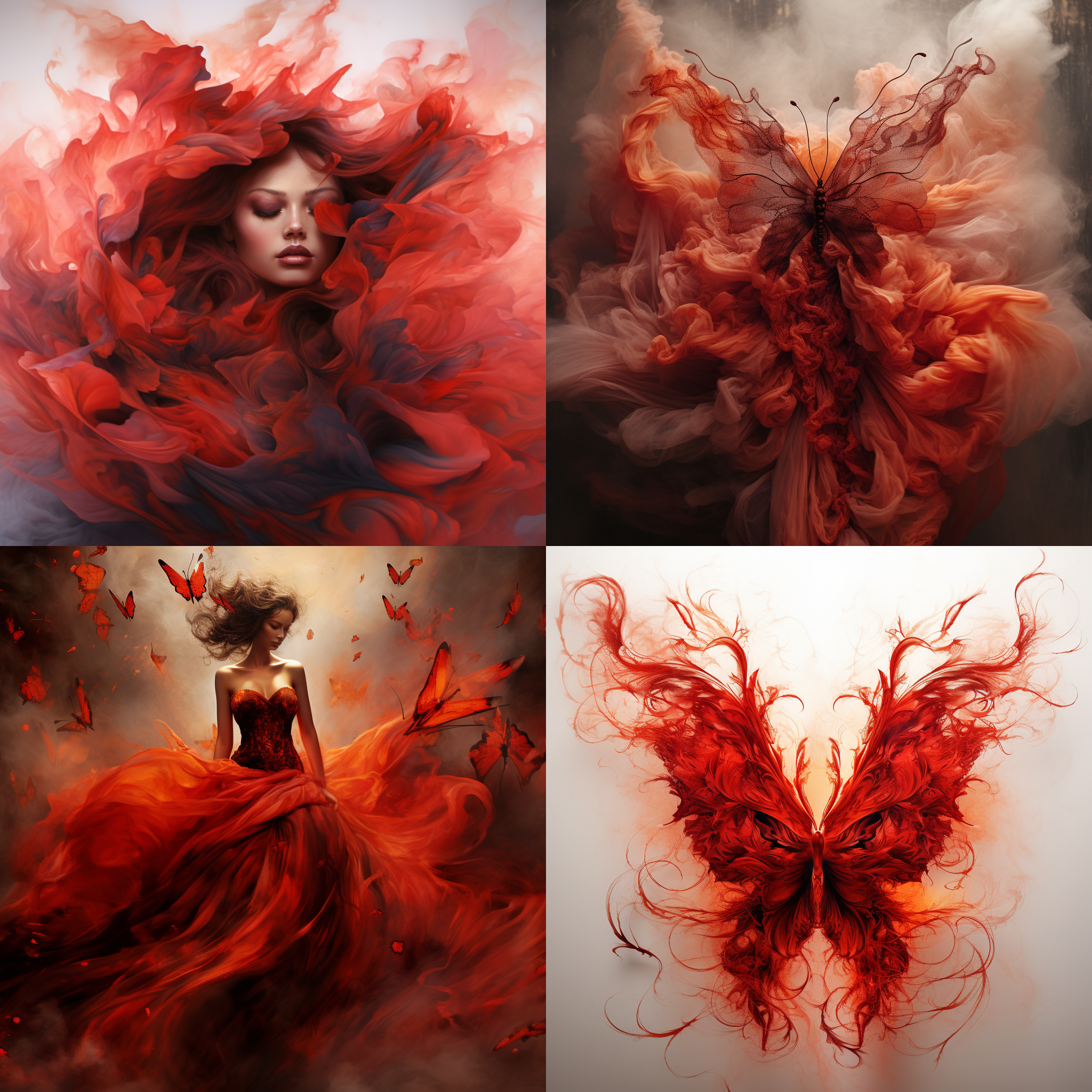 红色烟雾，缭绕，红色蝴蝶，翅膀长长，羽化，丝丝缕缕，层层叠叠，着火，浪漫，梦幻