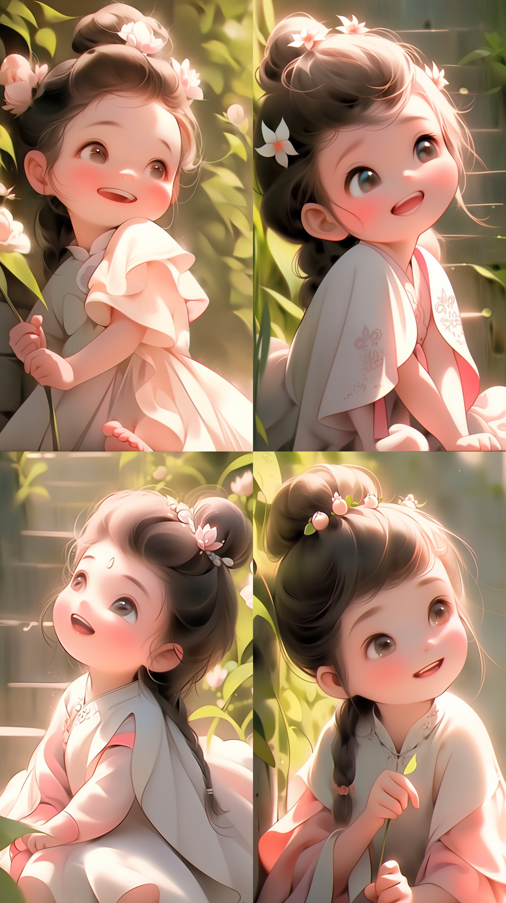 摘白色栀子花的小女孩，呆萌，稚嫩，开心，快乐，绿叶，朦胧氛围，中心构图，浅景深，自然光，微笑，纯真，清新色彩。