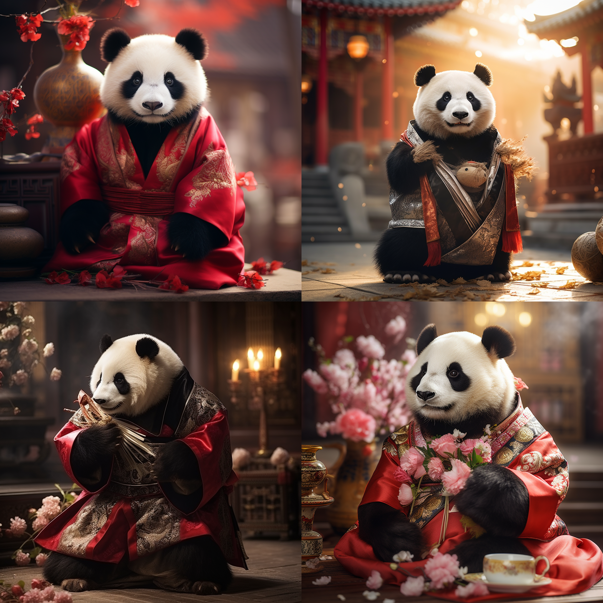 可爱大熊猫，中国传统服饰，龙年元素，1:2头身比，细致面部，丰盈毛发。佳能相机，中速快门，短焦镜头，明亮光线，自然环境，喜庆氛围。