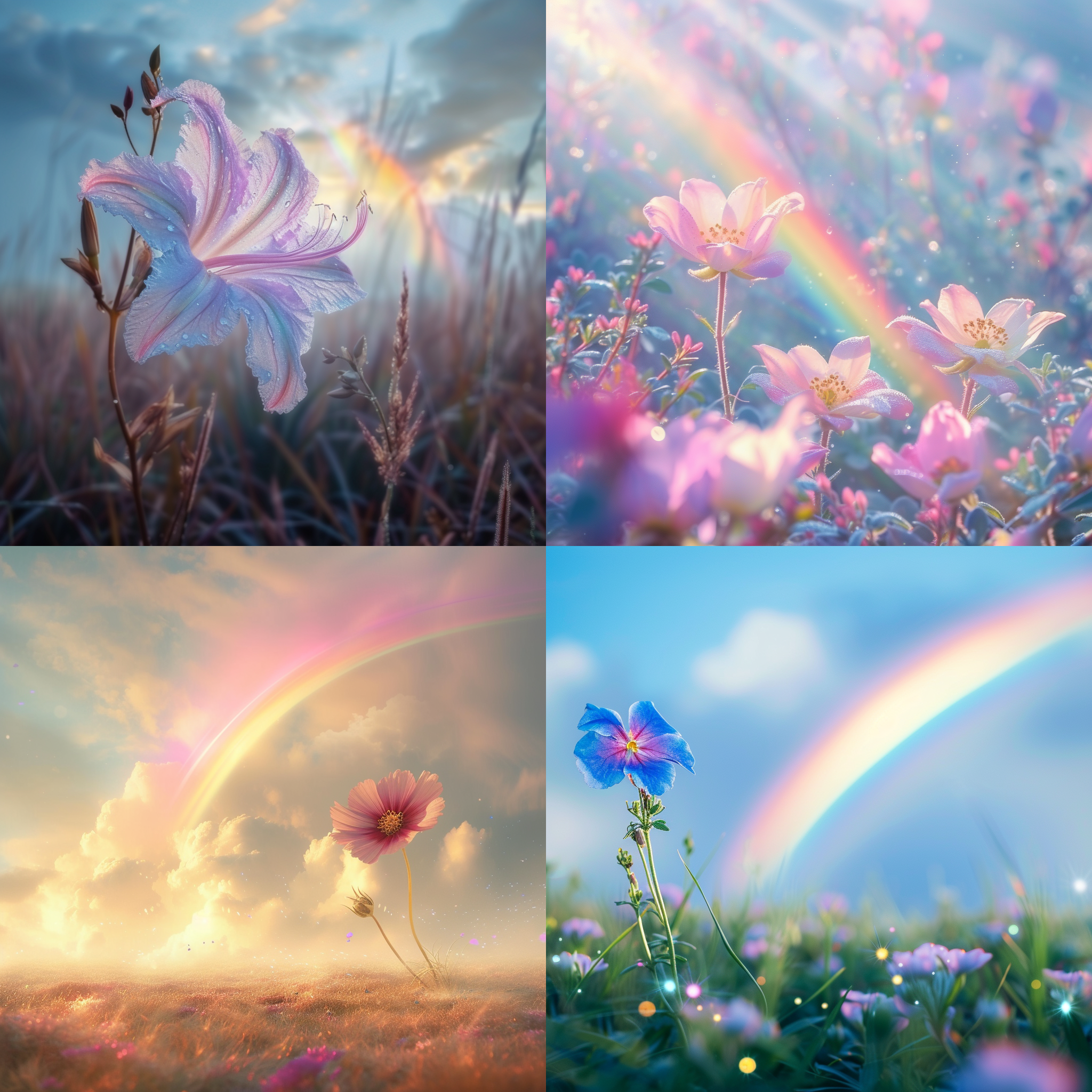童话世界，梦幻，宽广的草原上，远处是壮丽的彩虹，天空中飘着柔软的白云，一朵色彩斑斓的花朵在阳光下绽放，小精灵在空中翩翩起舞。广角镜头，明亮的曝光，柔和的光线，自然色调，轻盈的动作，魔幻元素，温暖的情感。 粉彩色 开心