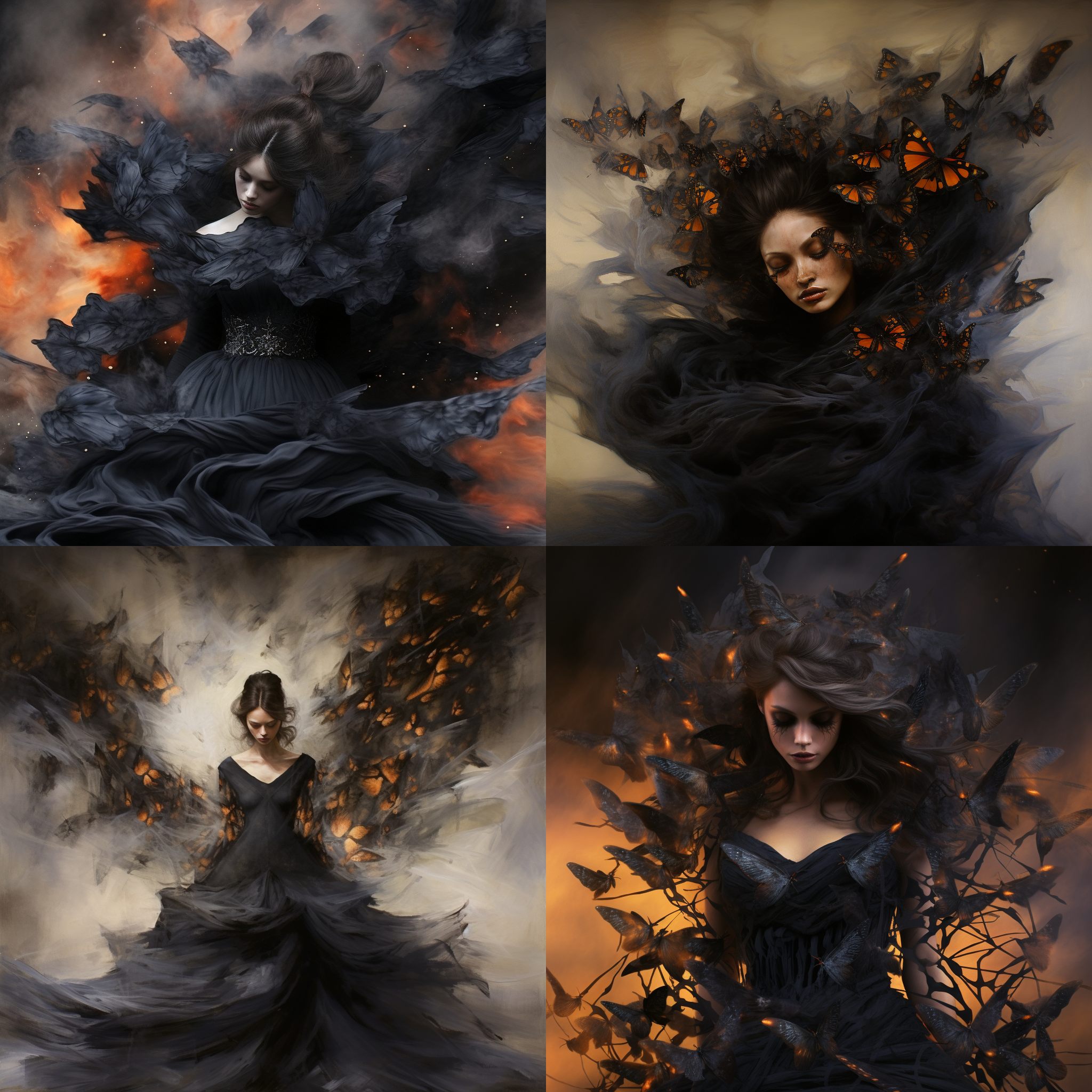黑色烟雾，缭绕，黑色蝴蝶，翅膀羽化，丝丝缕缕，层层叠叠，着火，浪漫，魔幻
