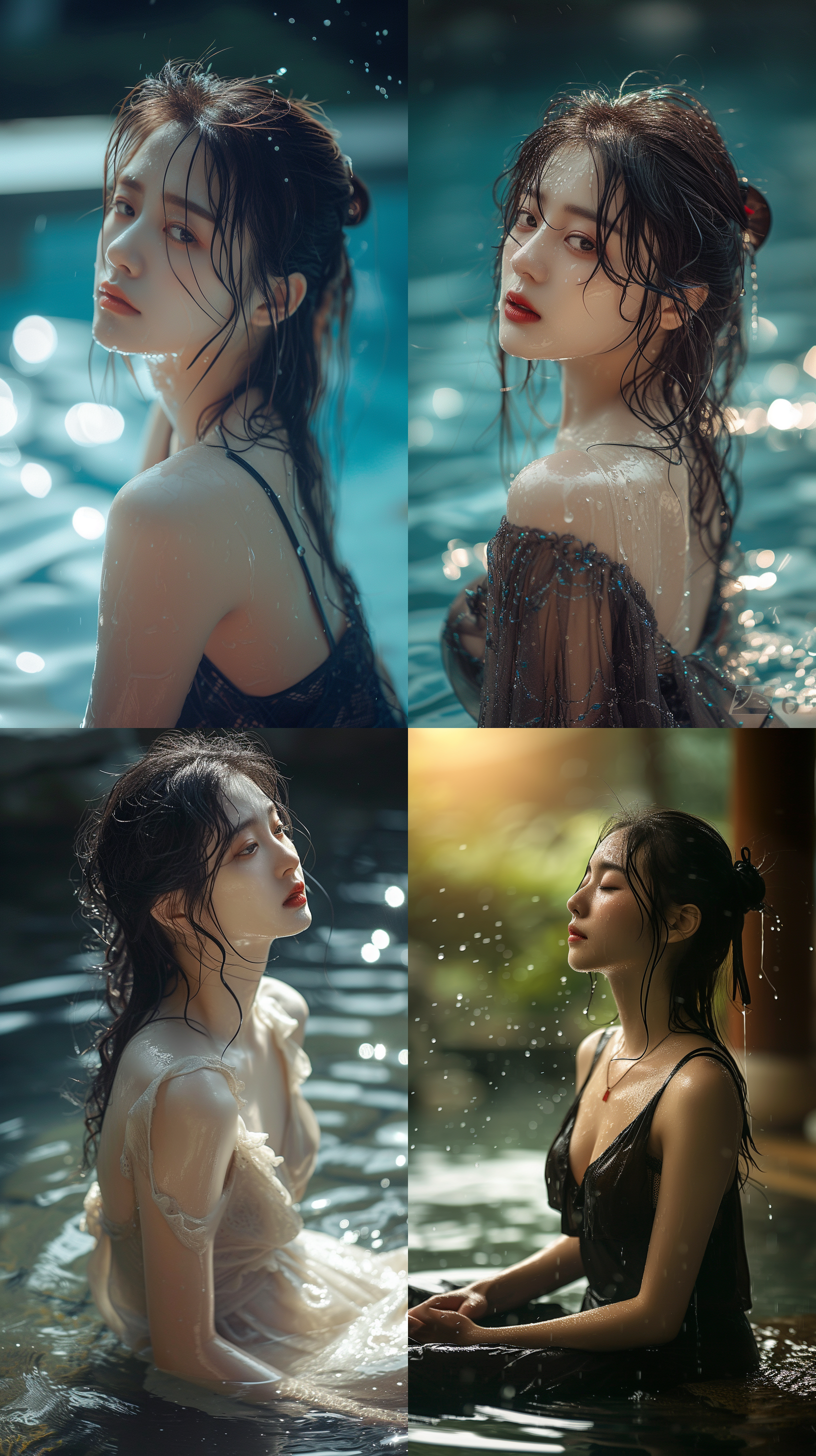 中国气质写真女士，泳池边坐姿，全身湿漉漉的，眼神注视水面，波光补救。闲适气质。大师级摄影镜头，大师级摄影角度，全身照，电影感。侧光，动作优雅，表情自然。