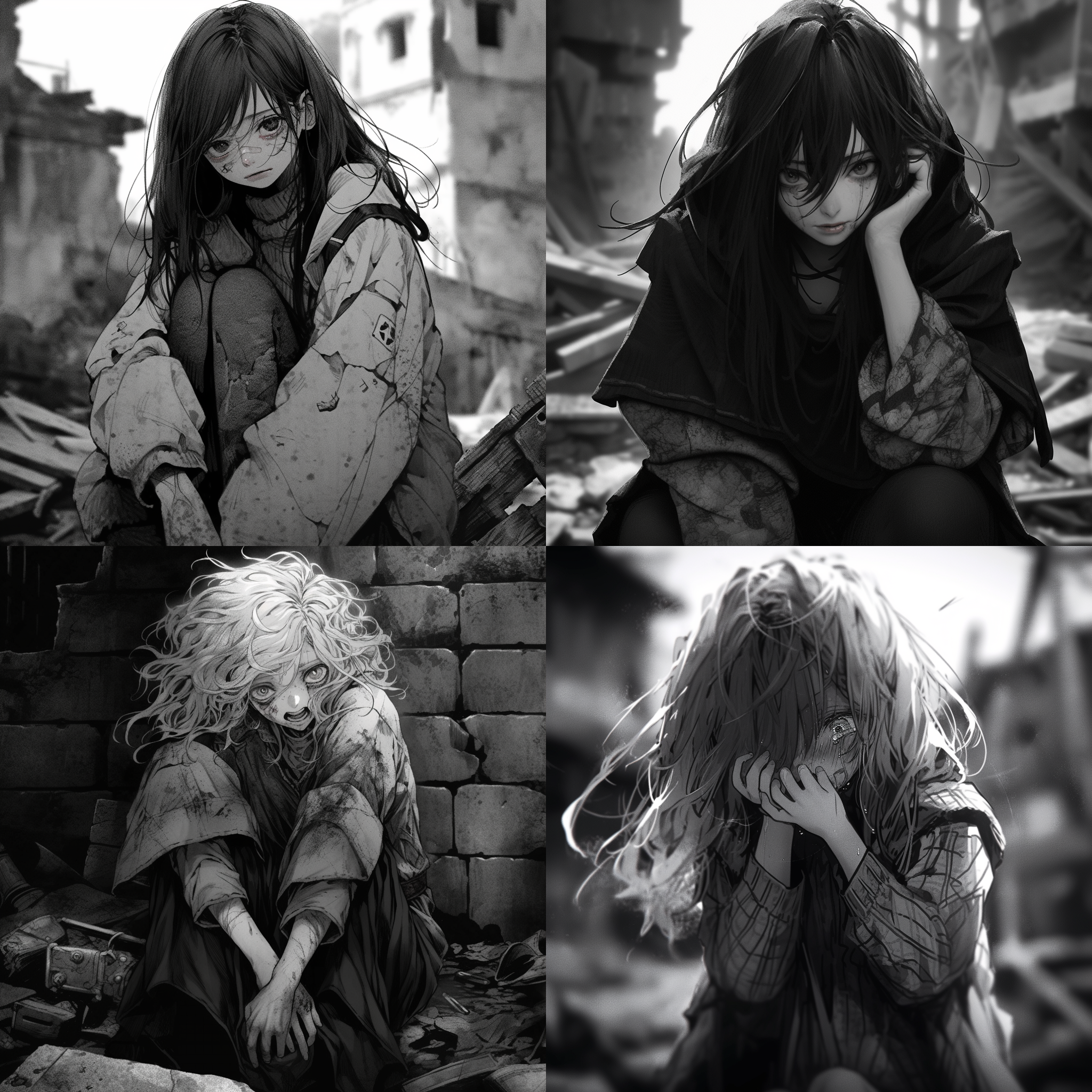 废墟中的孤独少女，衣着破旧，脸上流露出窒息与痛苦。镜头拉近，捕捉到她眼中的泪水和绝望。黑白风格，高对比度，广角镜头，柔光，细节丰富，凝视镜头，悲伤，无助。二次元风格