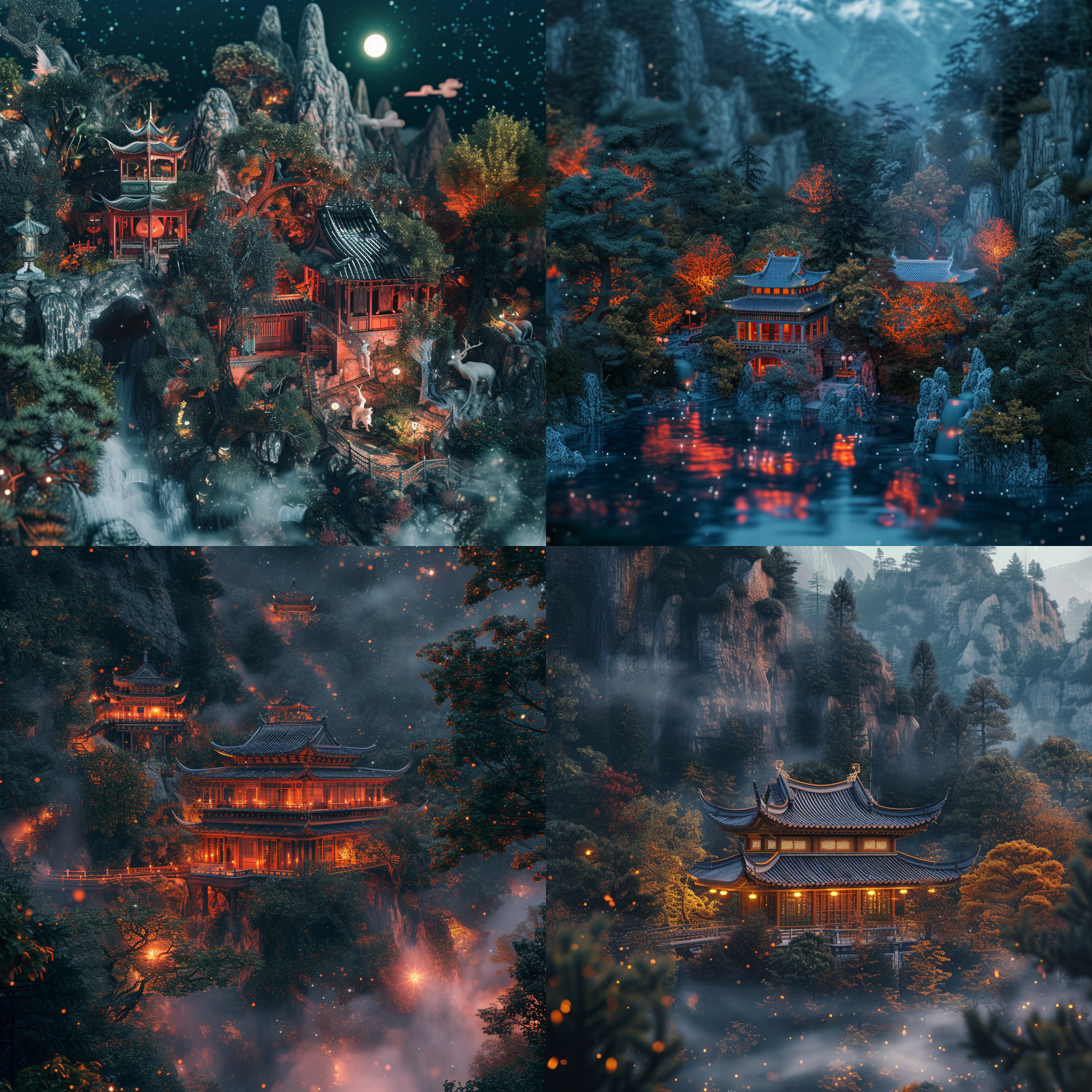 麒麟，中央构图，山林背景，细节丰富，明亮色彩，柔和光线，长焦镜头，优雅动作，神秘氛围。 三维 暗黑复古 鬼屋森林 全身 航拍视角 亮黑 皮毛 光粒子 氛围感照明 镜头光晕 环境光 黄昏 反射光 星空 夜光 中式赛博 三维 暗黑复古 鬼屋森林 全身 航拍视角 亮黑 皮毛 光粒子 氛围感照明 镜头光晕 环境光 黄昏 反射光 星空 夜光 中式赛博