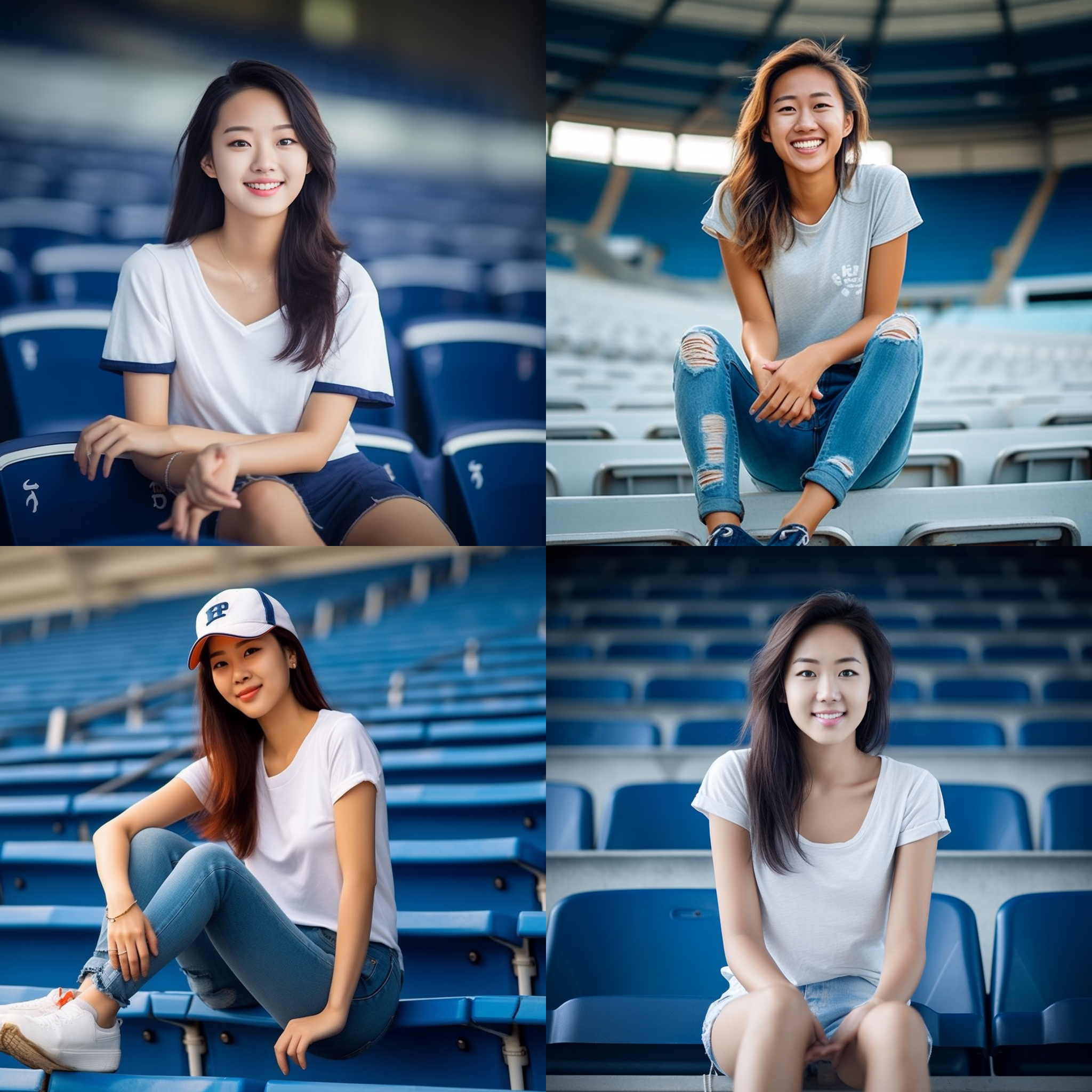 中国美女坐在体育场，全身人像，蓝色牛仔裤，白色体恤，柔和光线，85mm镜头，1.2光圈，动作优雅，美丽的微笑，温暖色调，优雅，高清摄影，皮肤自然，不磨皮。