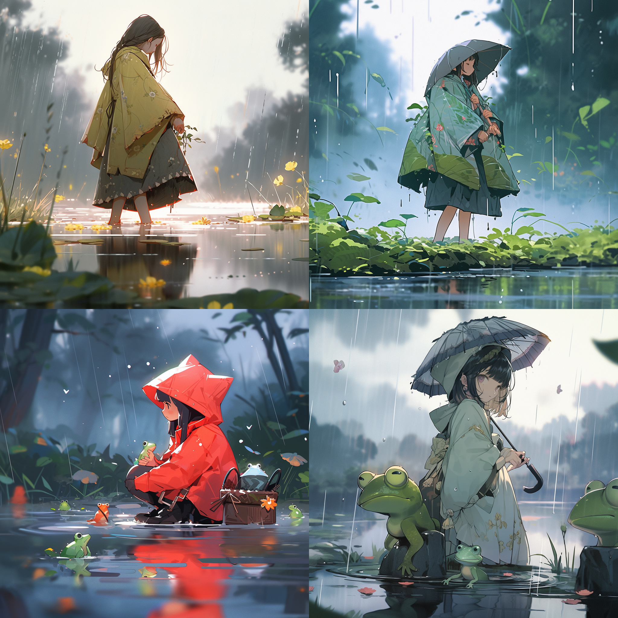 女孩，雨天，裙子，水塘