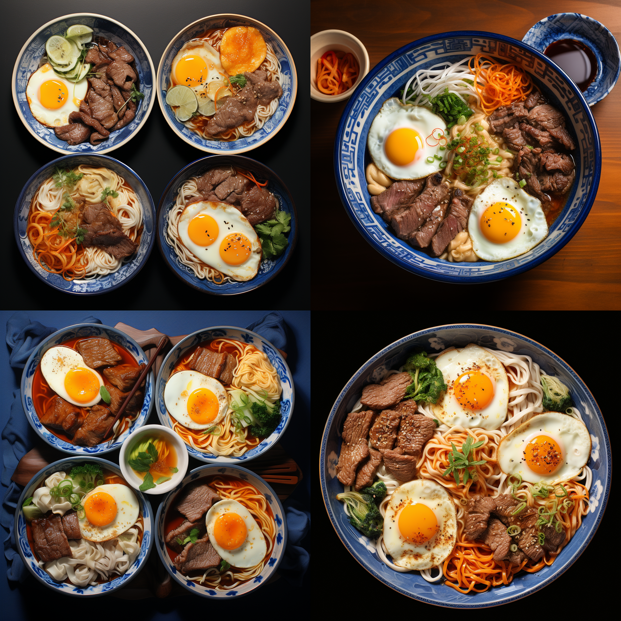 一碗牛肉面,青花瓷碗,有牛肉片,煎饺,煎蛋,四种角度