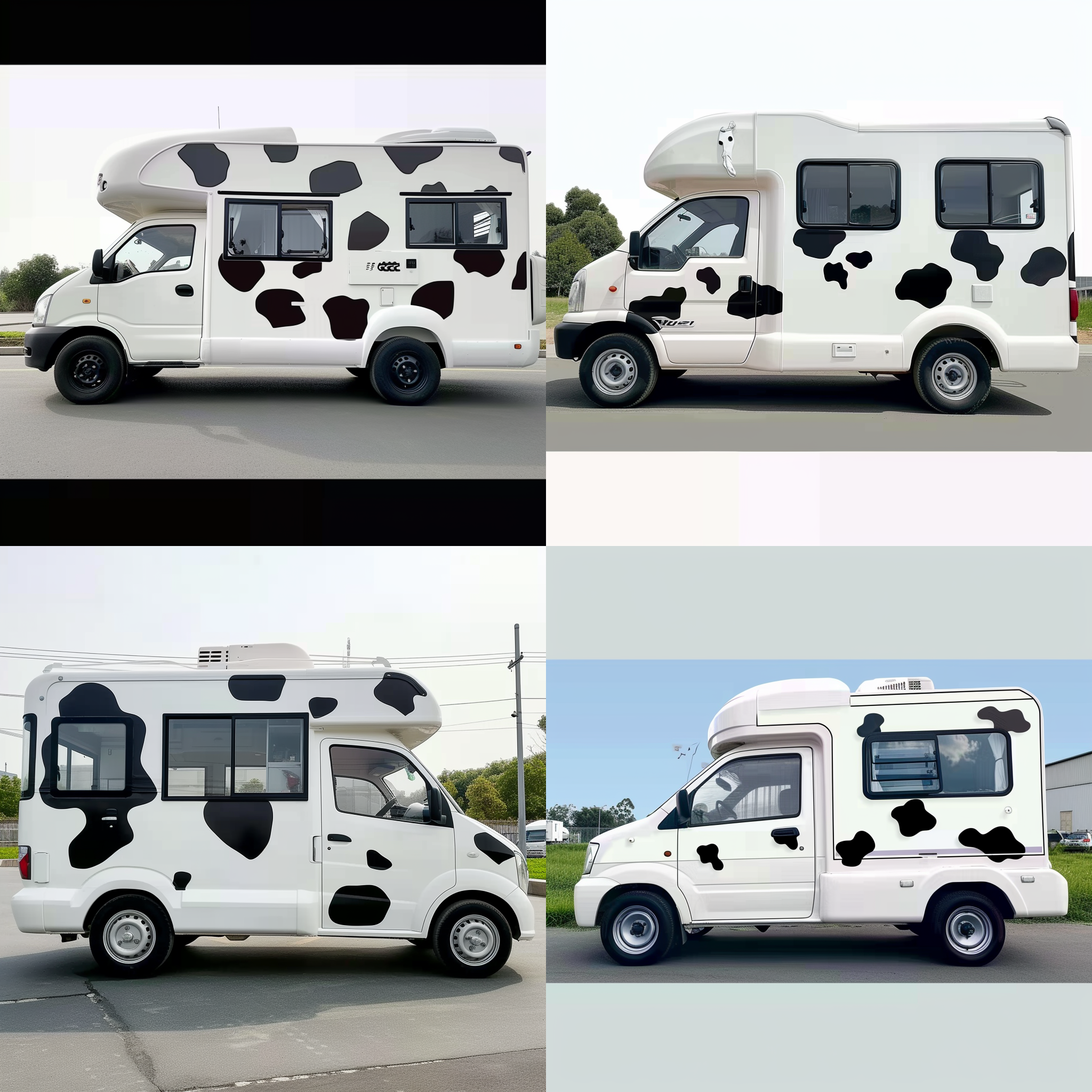 奶牛房车，8k画质，斑点奶牛贴图，房车上画斑点奶牛插画，商业插画，房车不改动，高档简约，底图不变，创意奶牛斑点贴纸，车头或者车屋有牛头，明显的奶牛元素,，牛的插画。