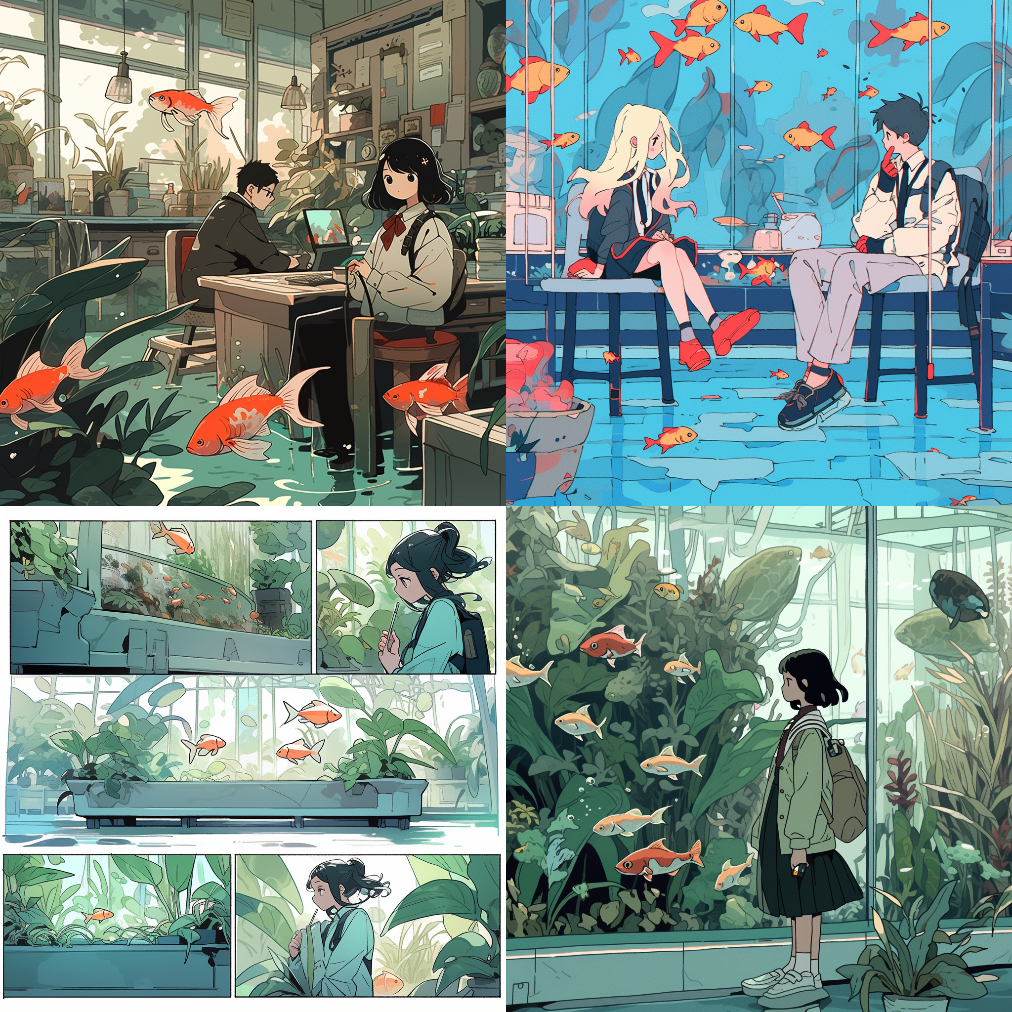 鱼缸里，睡莲，小鲤鱼，女生，西装革履的青蛙，漫画风格