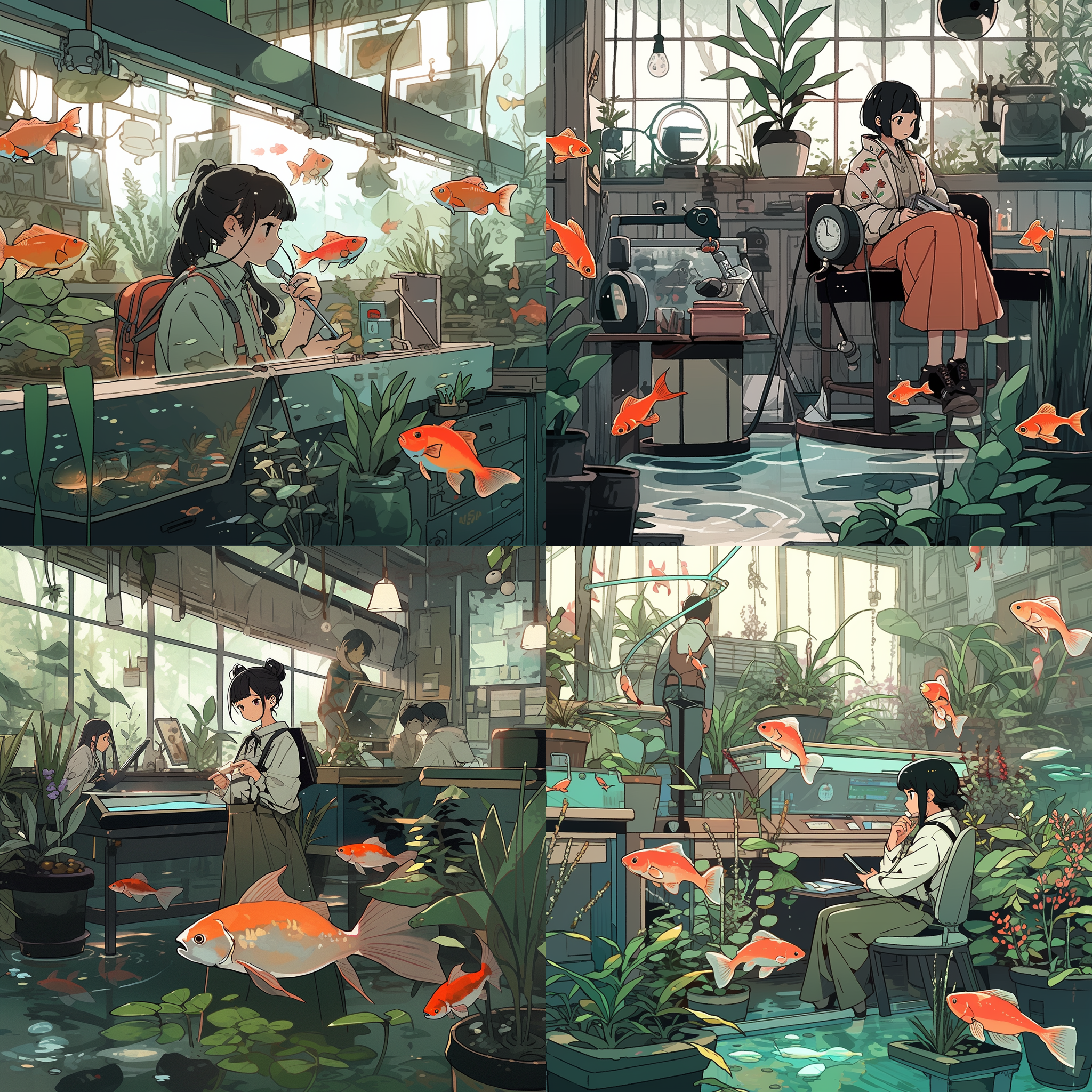 鱼缸里，睡莲，小鲤鱼，女生，西装革履的青蛙，漫画风格