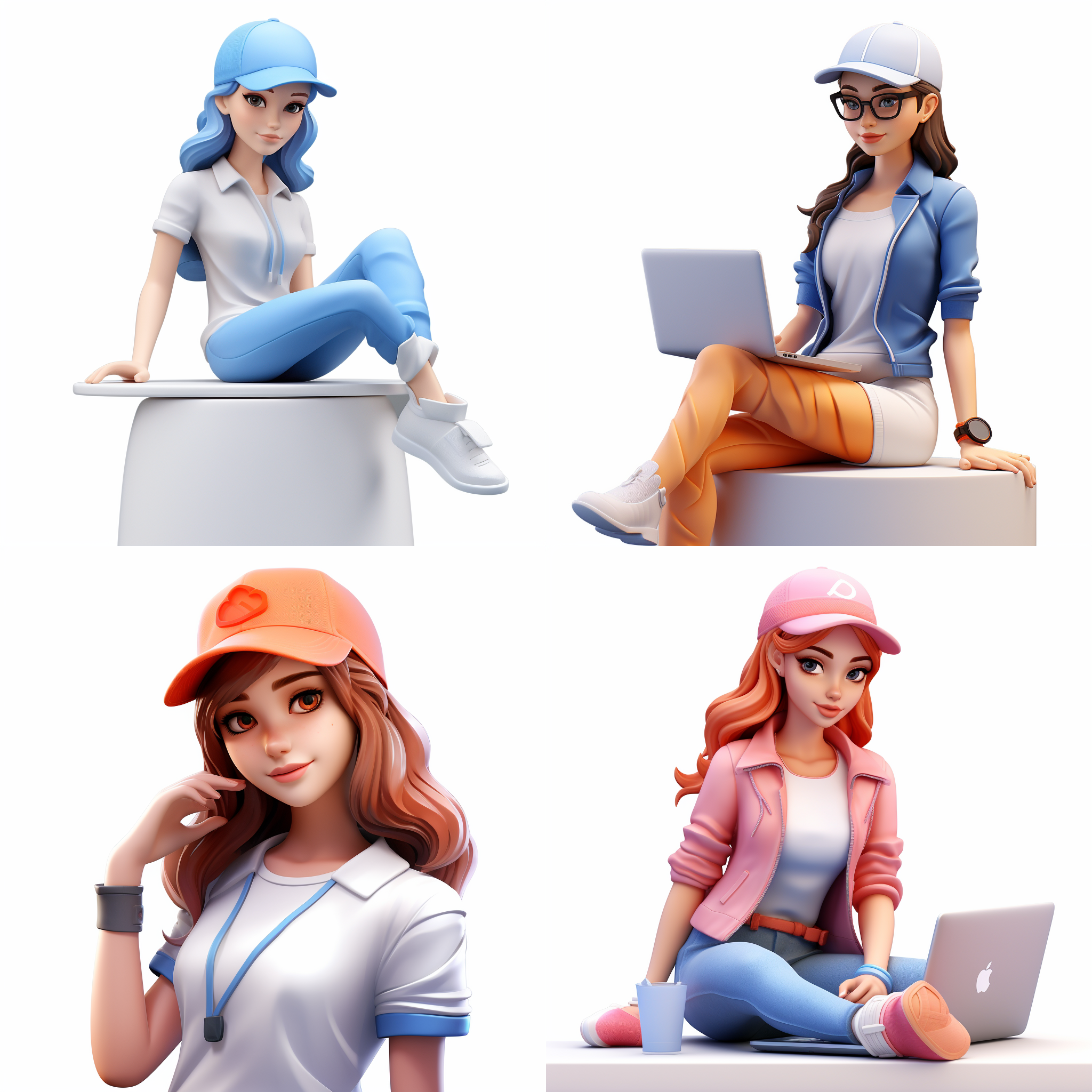 为我制作头像：白色背景，3d卡通风格女孩，精致的脸部，带鸭舌帽，夏季潮流时尚服装，泡泡玛特配色，亮丽配色，上半身，女孩坐在电脑旁边，由pop mart制作，光滑细腻，黏土材料，辛烷值渲染，超细节，8k,