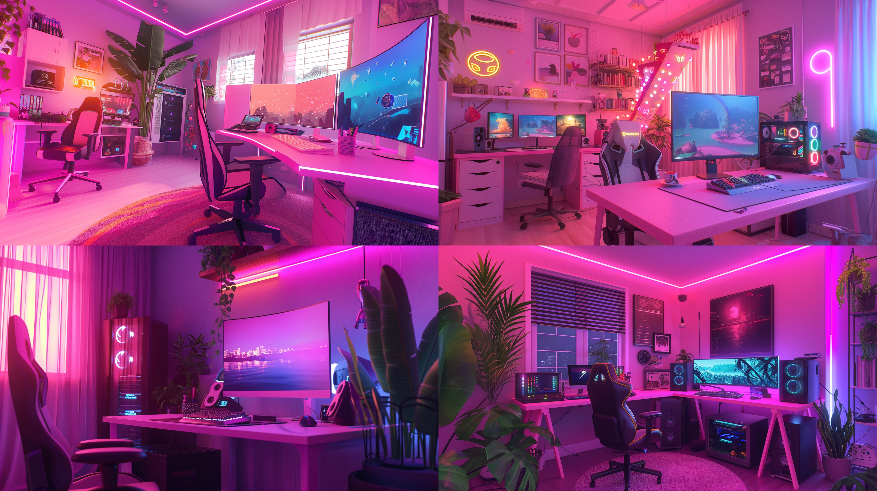 粉色电竞房，简洁现代风格，高级游戏设备，粉色桌子、电竞椅，炫彩led灯光效果，温暖柔和的粉色调，广角镜头，丰富细节，欢快活泼的氛围，4k超高清，最佳质量。
