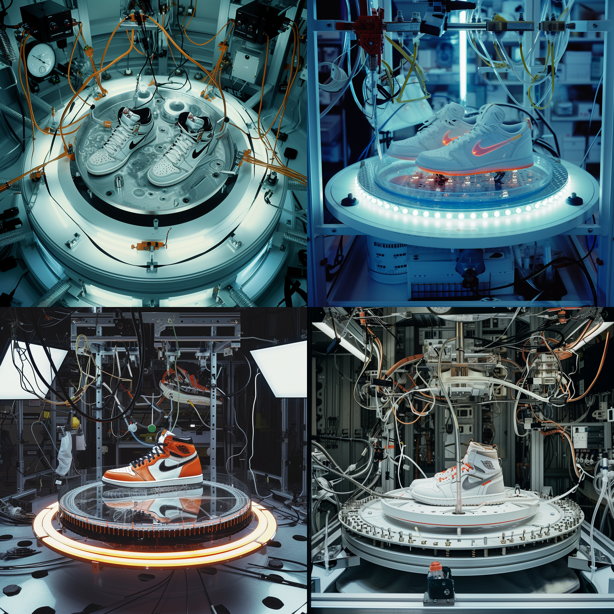 一个充满科技感和工业感的实验道具内，nike的aj运动鞋放在一个圆形托盘出现在画面正中间，四周是测试的仪器与线缆，整个画面明亮干净