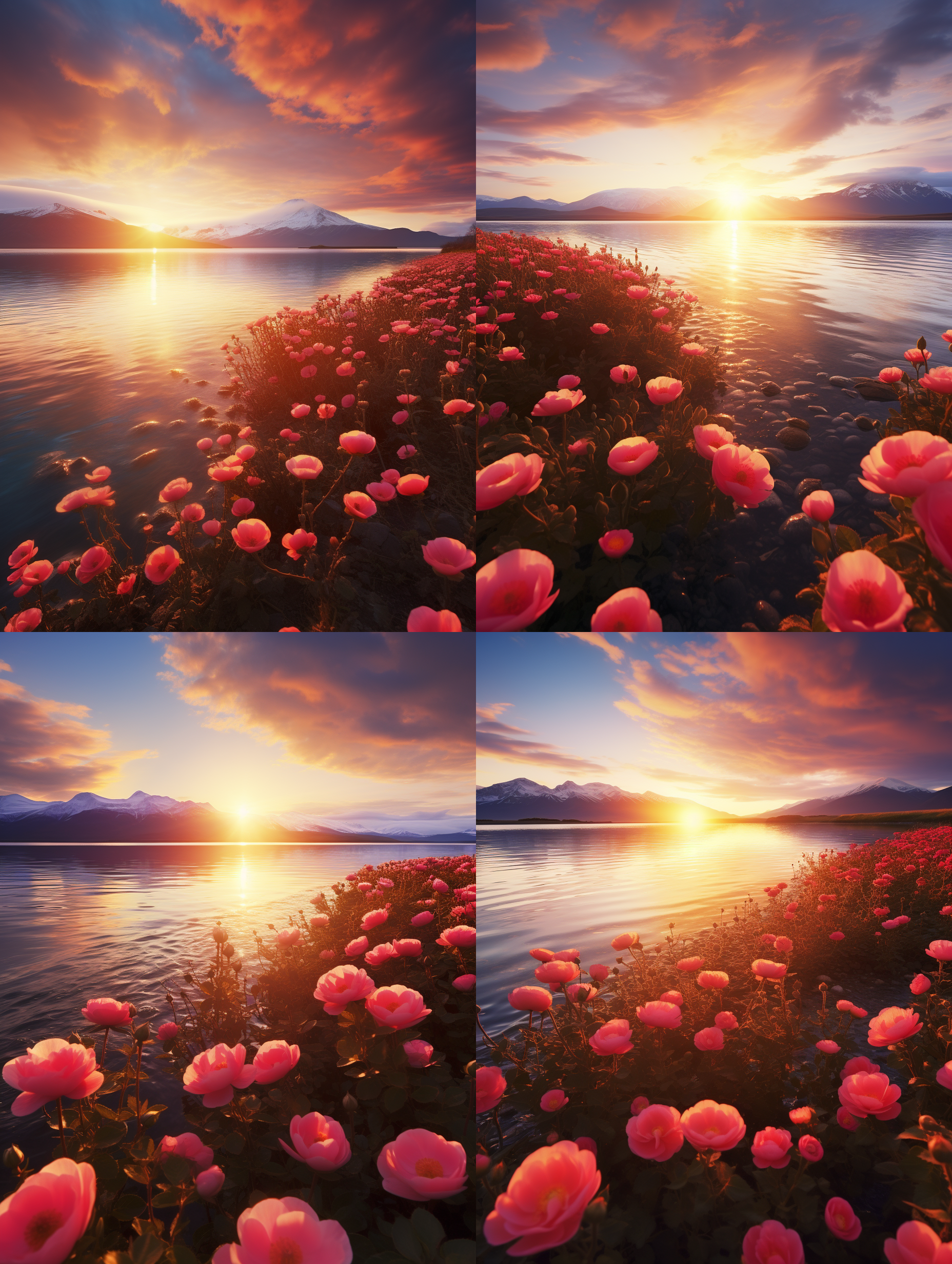 冰岛玫瑰花海，夕阳下的壮丽景色。8k分辨率，宽幅构图，花海和山脉交相辉映，鲜艳颜色。广角镜头，捕捉迷人细节。温暖光线，浪漫宁静氛围。大面积花海，层次感强，红绿搭配鲜明，引人注目。冰岛特有景观，令人惊叹和感受大自然的美。