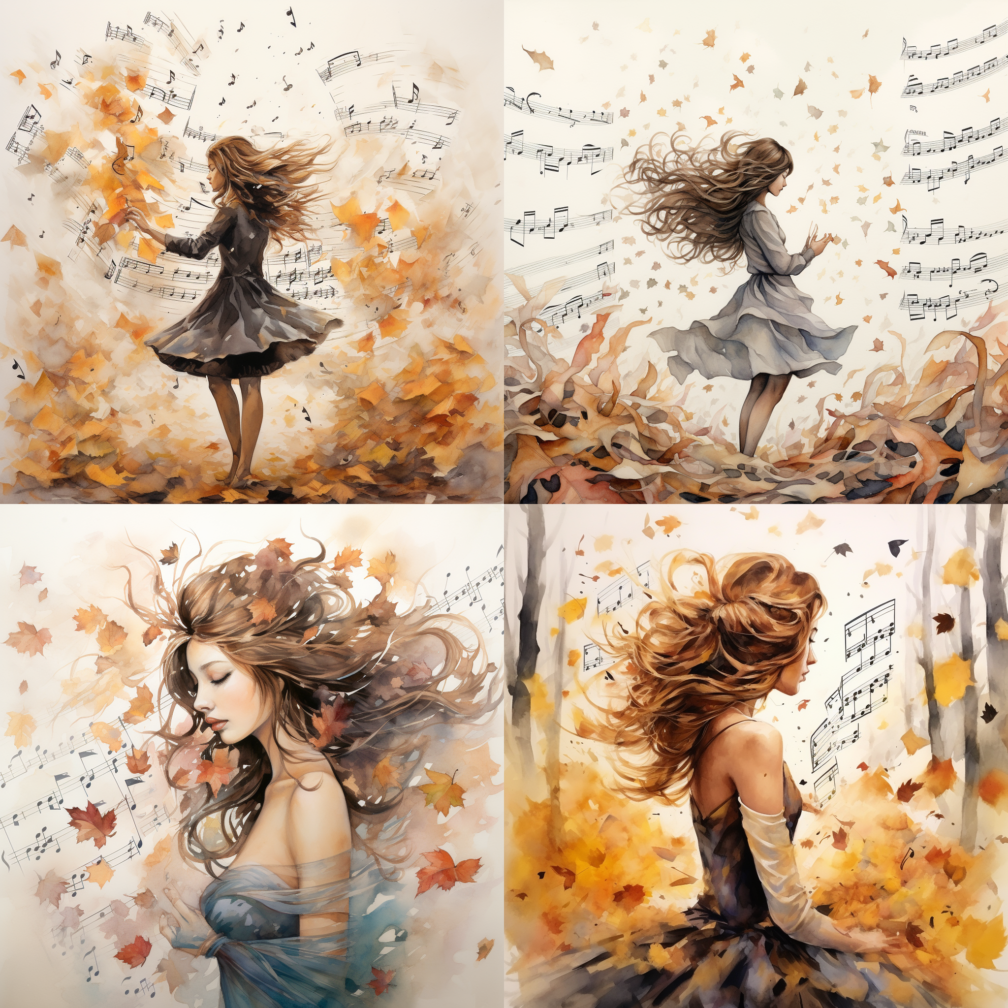 水彩，乐谱，落叶，风