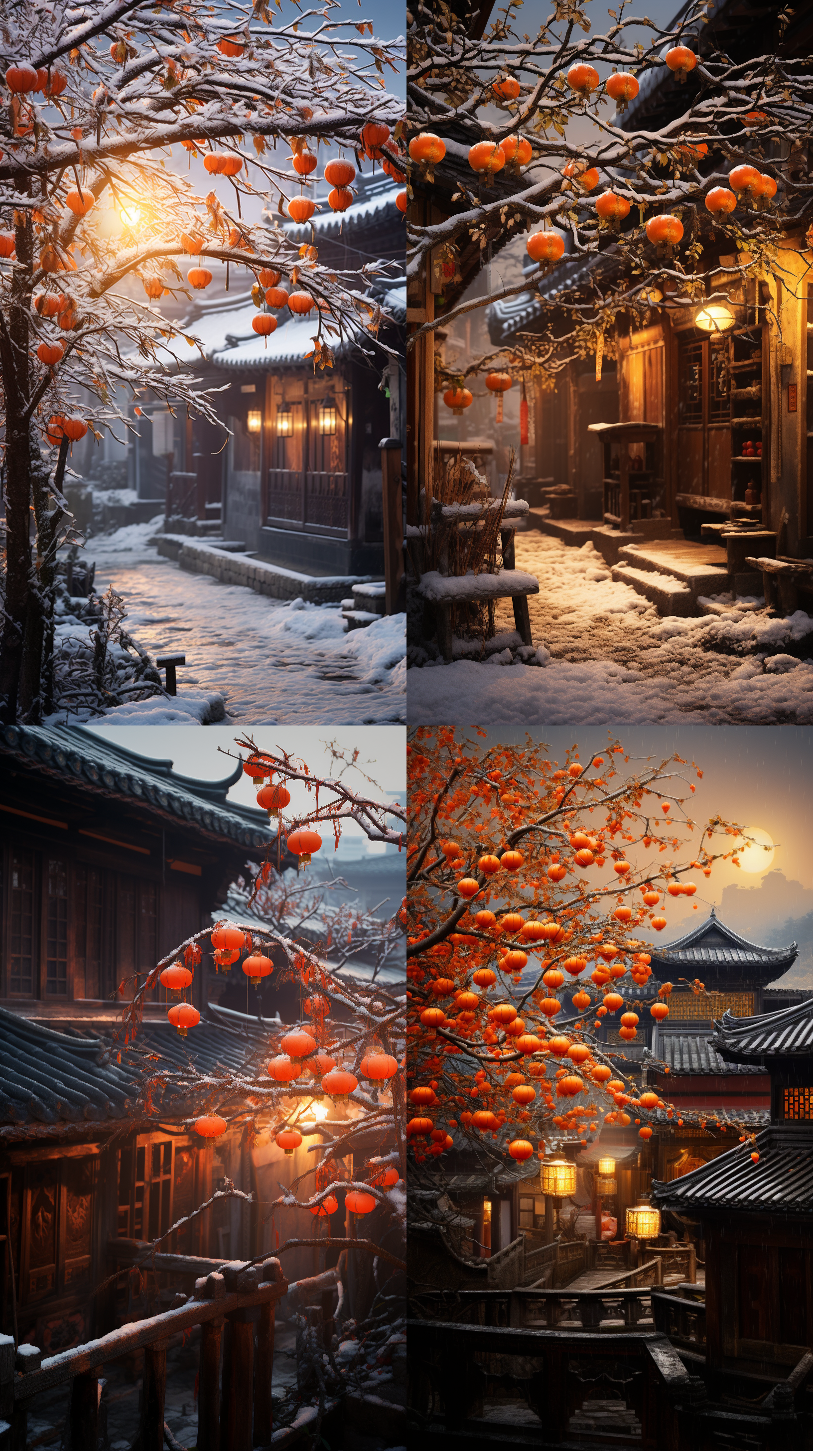 a huge persimmon tree in the corner of the city, hung with red persimmon persimmon covered with snow, rising sun, jiangnan ancient town traditional landscape quiet, beautiful, high details, soft moonlight, soft color, soft light, 8k, new happiness, deep details, detail level clear, high quality, high definition, new love rendering, hd v 5.2 ar 2:3