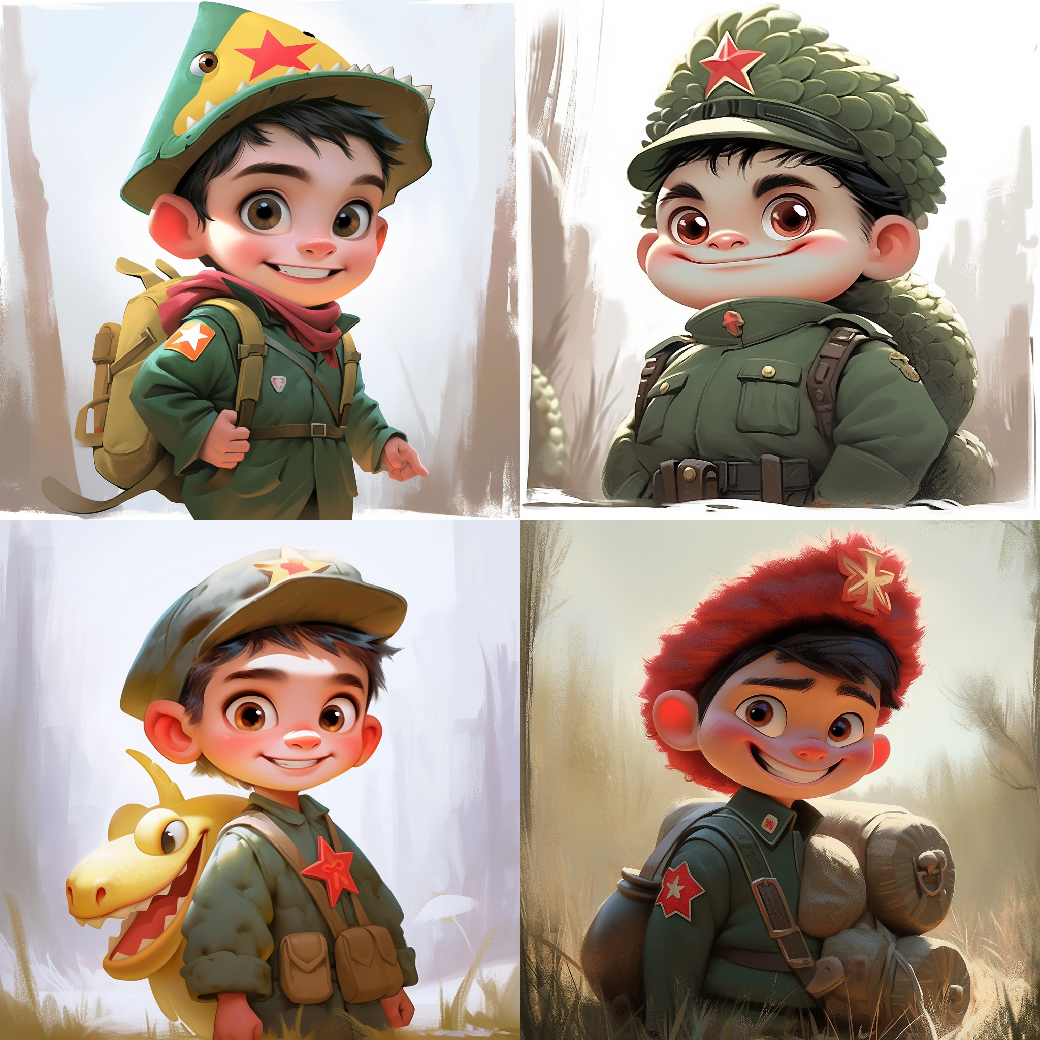 新疆男孩形象ip，军人战士，穿着军装，背着龙形背包。无线通讯设备，浓眉大眼，调皮纯真的笑容。阳光少年，披着龙形披风，像是一个英雄。脸部大大的，憨憨的，胖胖的，圆圆的，可爱的，质朴，憨厚的ip形象。8k，矢量，造型立体，光影，新疆军垦风光。