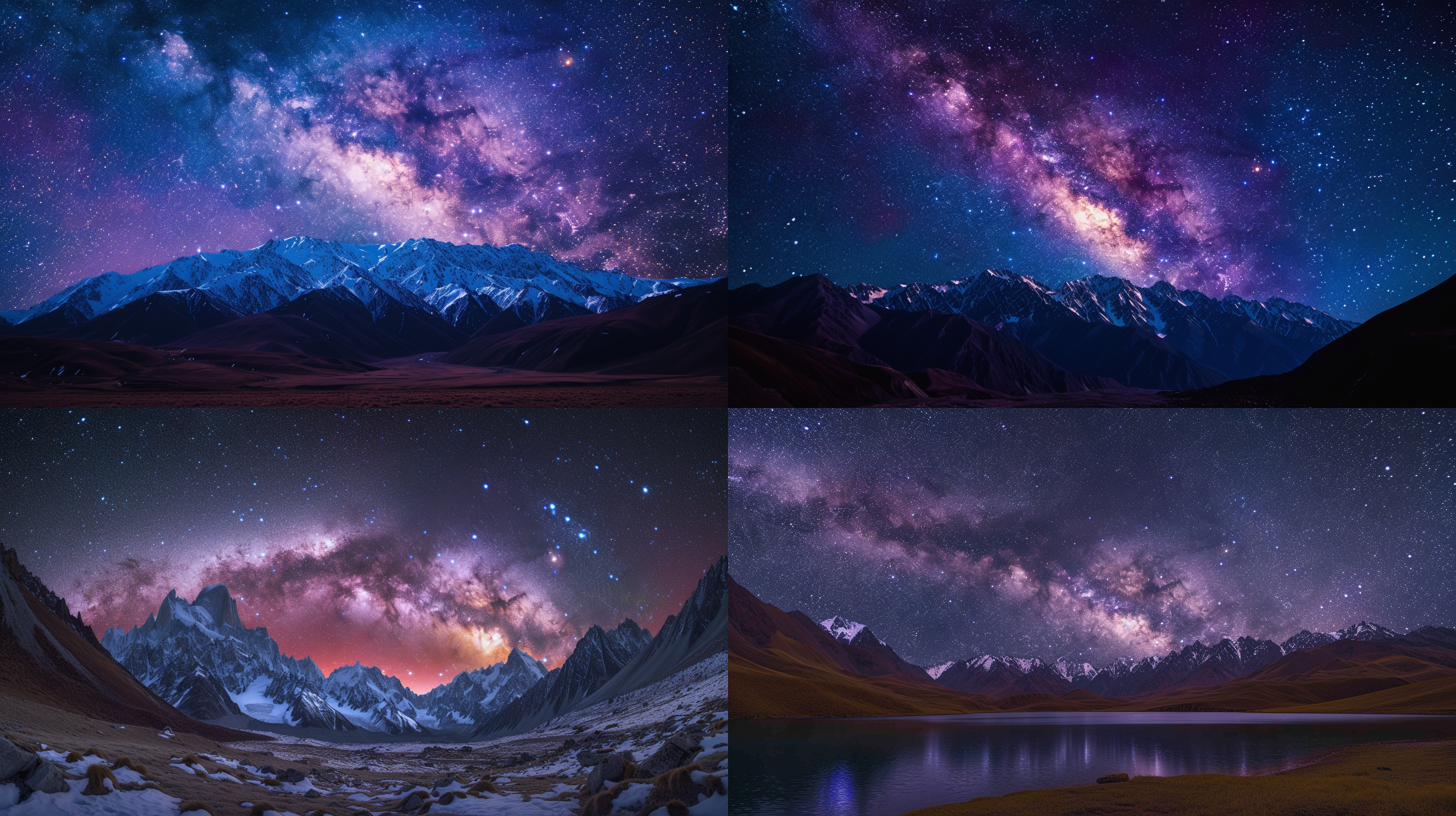 蜀山之王岗嘎雪山，星空摄影，银河，北极光。对角线布局，超现实摄影风格，远处的雪山和星空构成了壮丽的背景，配合银河和北极光的绚丽色彩，营造出神秘而梦幻的氛围。使用广角镜头捕捉到广阔的景象，利用长时间曝光和低噪点技术呈现出清晰而细腻的星空纹理。