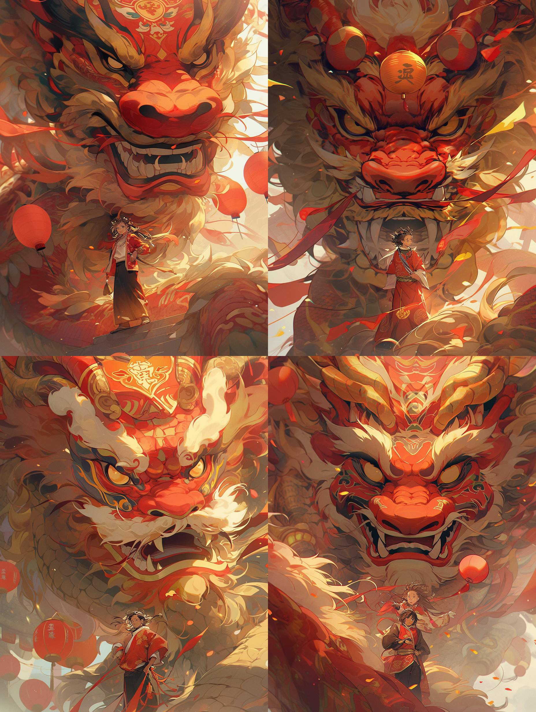 极简主义，红色喜庆，家人团圆庆祝，平面设计，中国龙、喜庆、元旦，节日庆典，中国文化主题风格、柔和色调、温暖的调色板、充满活力的插画 , 彩色壁画