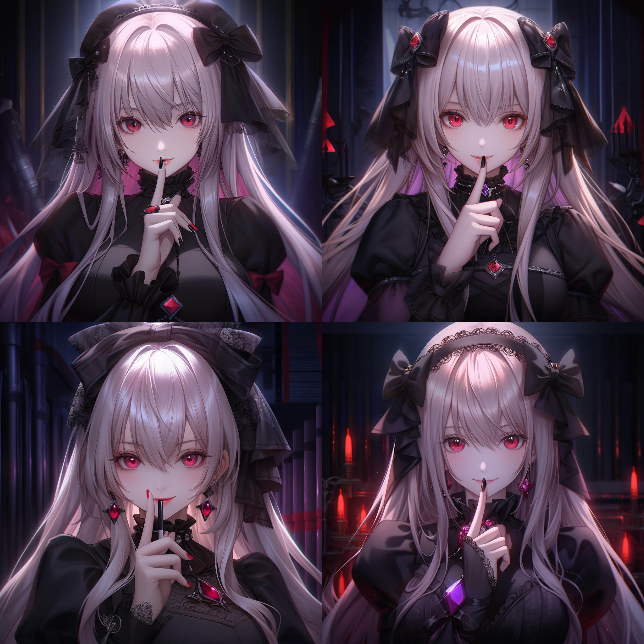 银色长发少女，扎着两个深红色的小蝴蝶结。紫色眼睛，思考着