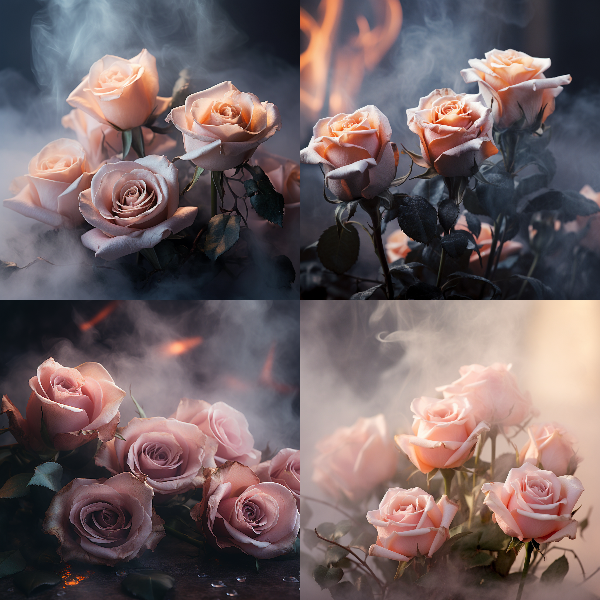 几朵玫瑰花，每一朵都有烟雾作为衬托。对角线布局，柔和色调，近景特写，细节丰富，浅景深，微距镜头，自然光，静态，优雅。
