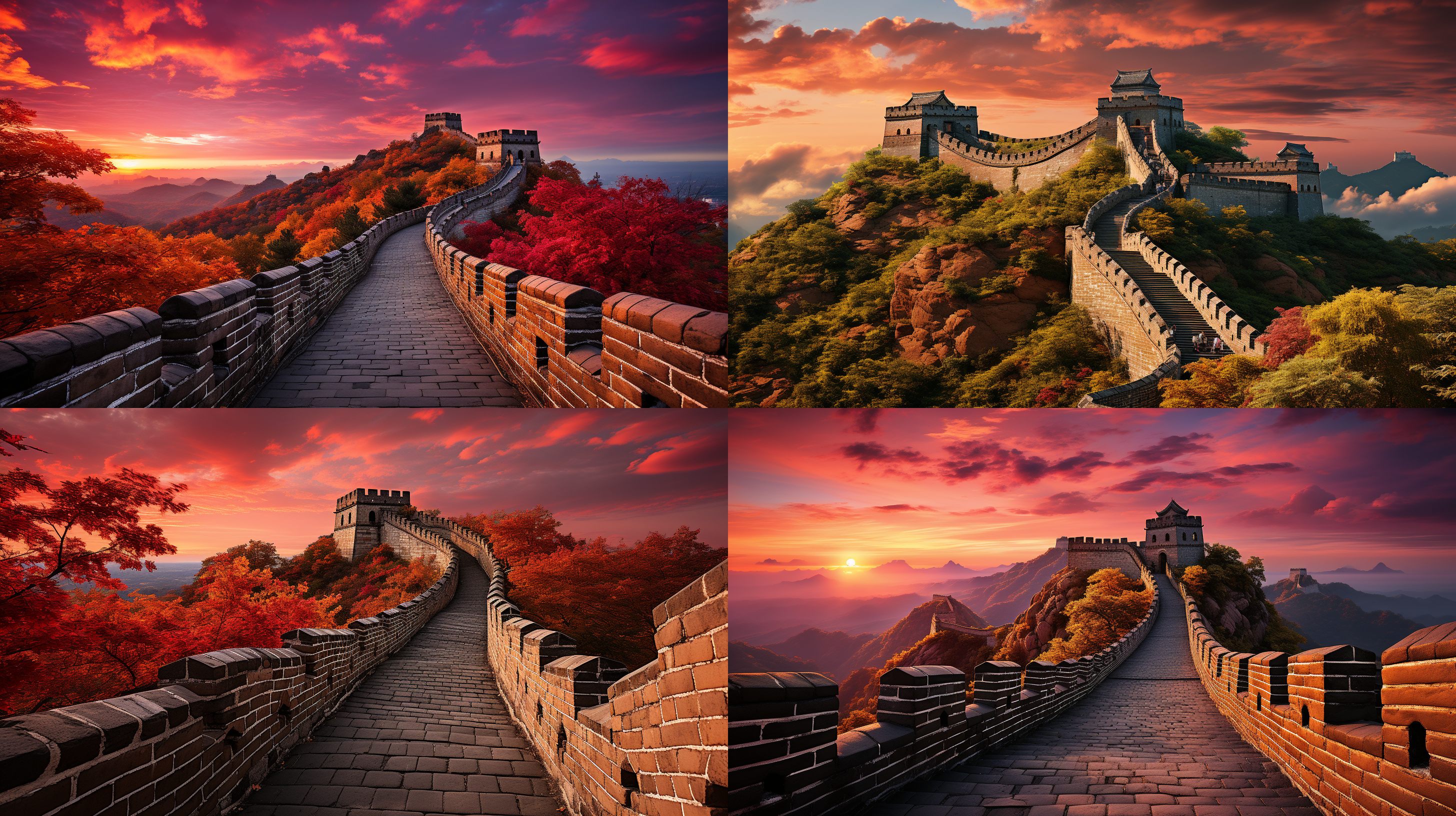 夕阳环绕，远景山脉，石墙古色古香，红黄温暖交织壮丽景色。历史文化与自然宏伟壮观相融合，震撼心灵。万里长城纵深感，全景镜头展现其壮丽辽阔。